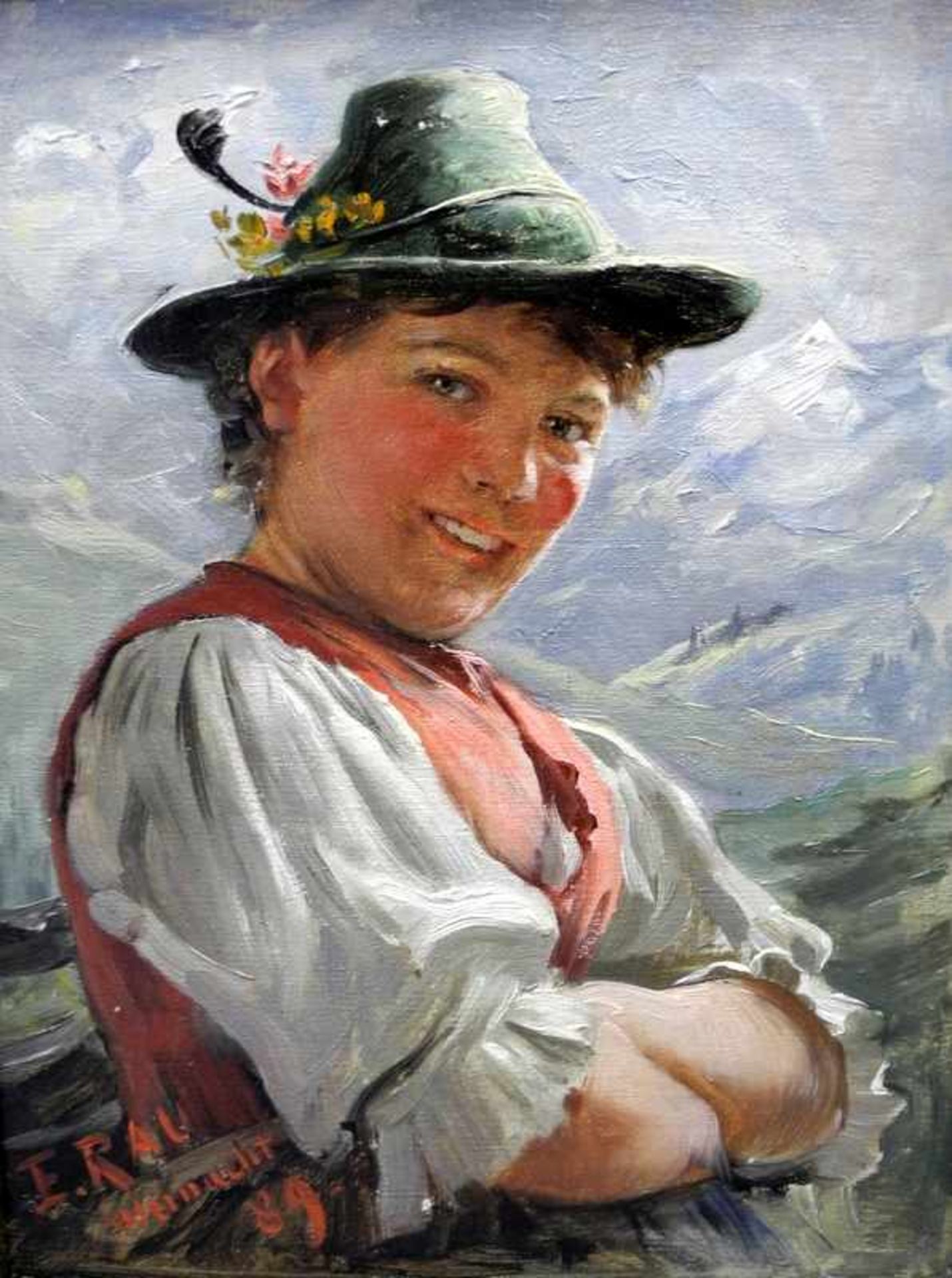 Emil Rau, 1858 Dresden - 1937/40 MünchenÖl/Malkarton. Junge Almbäuerin vor Alpenkulisse. Mit