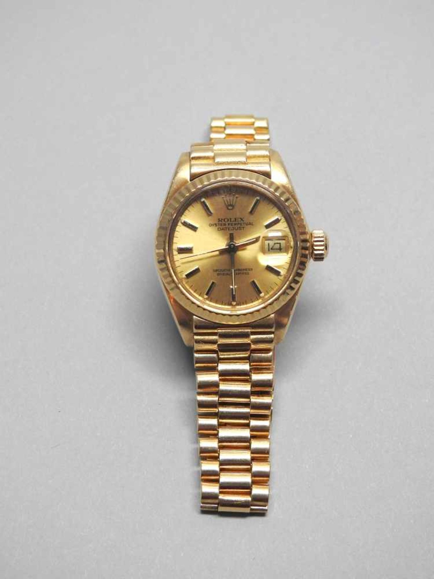 Rolex, Datejust18 K. Gelbgold. Damenarmbanduhr mit Full Set vom 16.04.1980, inklusive Box und