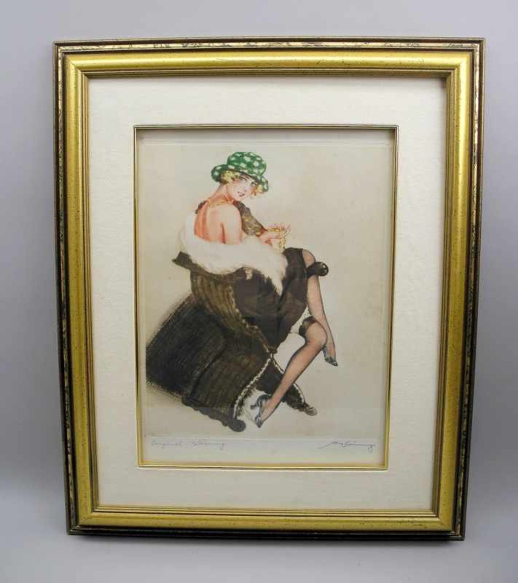 Max Brüning, 1887 Delitzsch - 1968 LindauFarbradierung/Papier. Porträt einer jungen Dame im Pin up- - Bild 2 aus 3