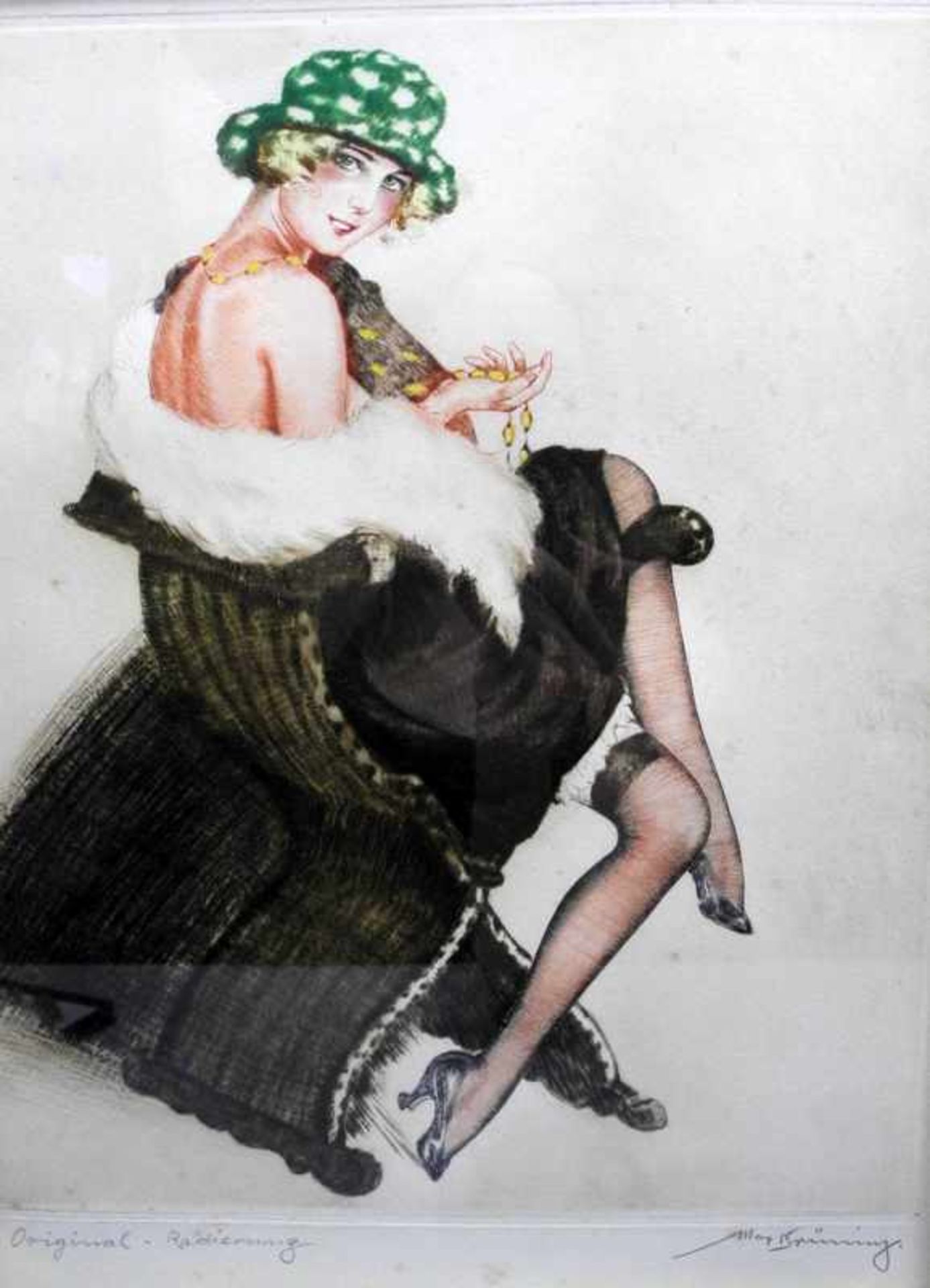 Max Brüning, 1887 Delitzsch - 1968 LindauFarbradierung/Papier. Porträt einer jungen Dame im Pin up-