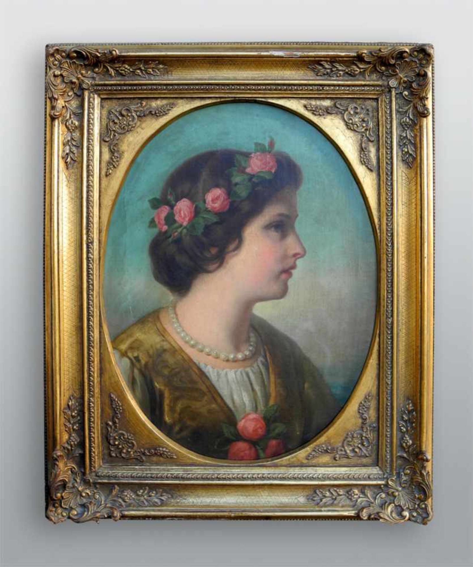 Romantisches DamenporträtÖl/Leinwand. Profil einer jungen Dame mit Rosenknospen im Haar. Im - Bild 2 aus 2