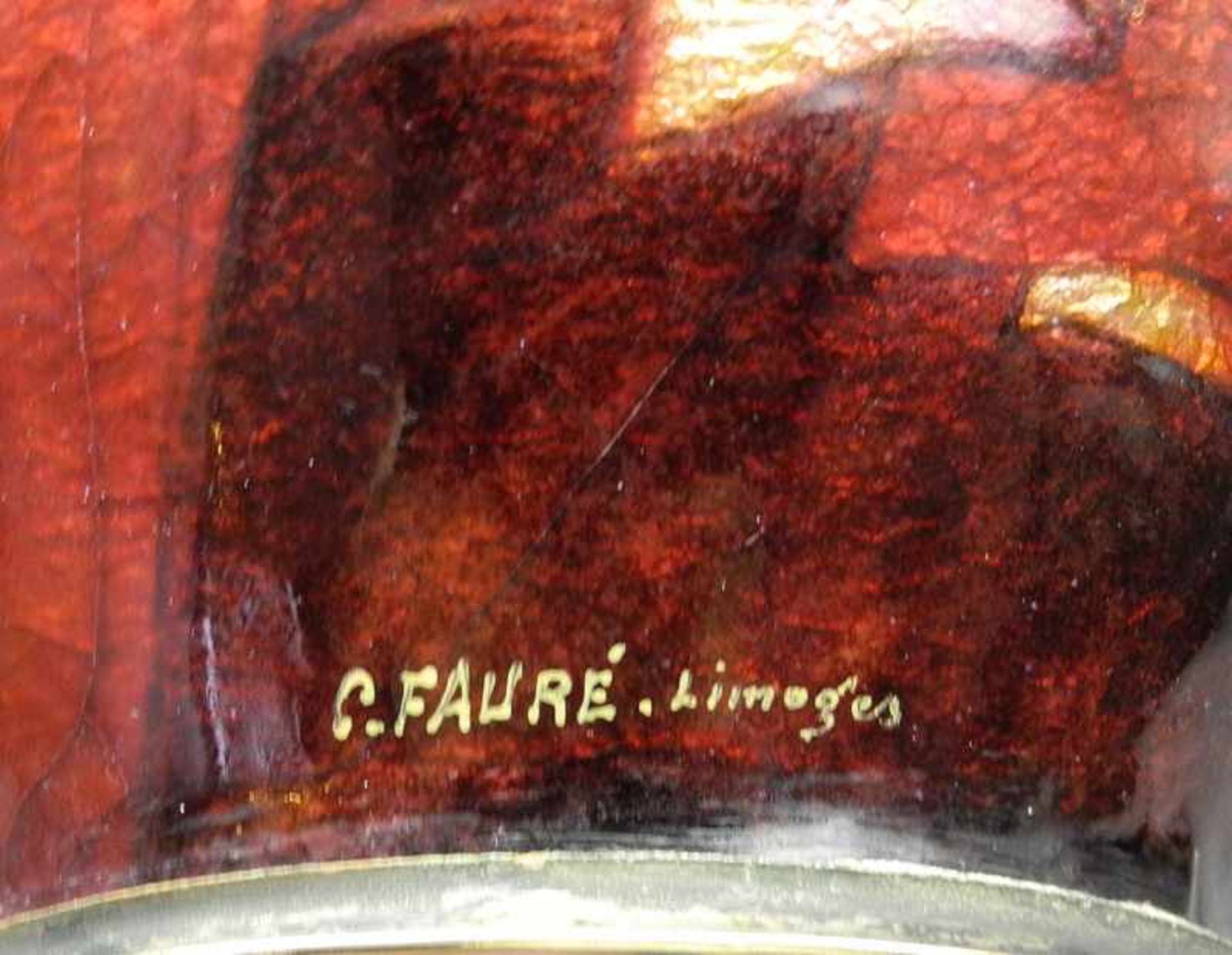 Fauré Limoges France, Große SammlervaseKupferblech, mit Edelmetallfolie belegt, Rand und Fuß aus - Bild 2 aus 3