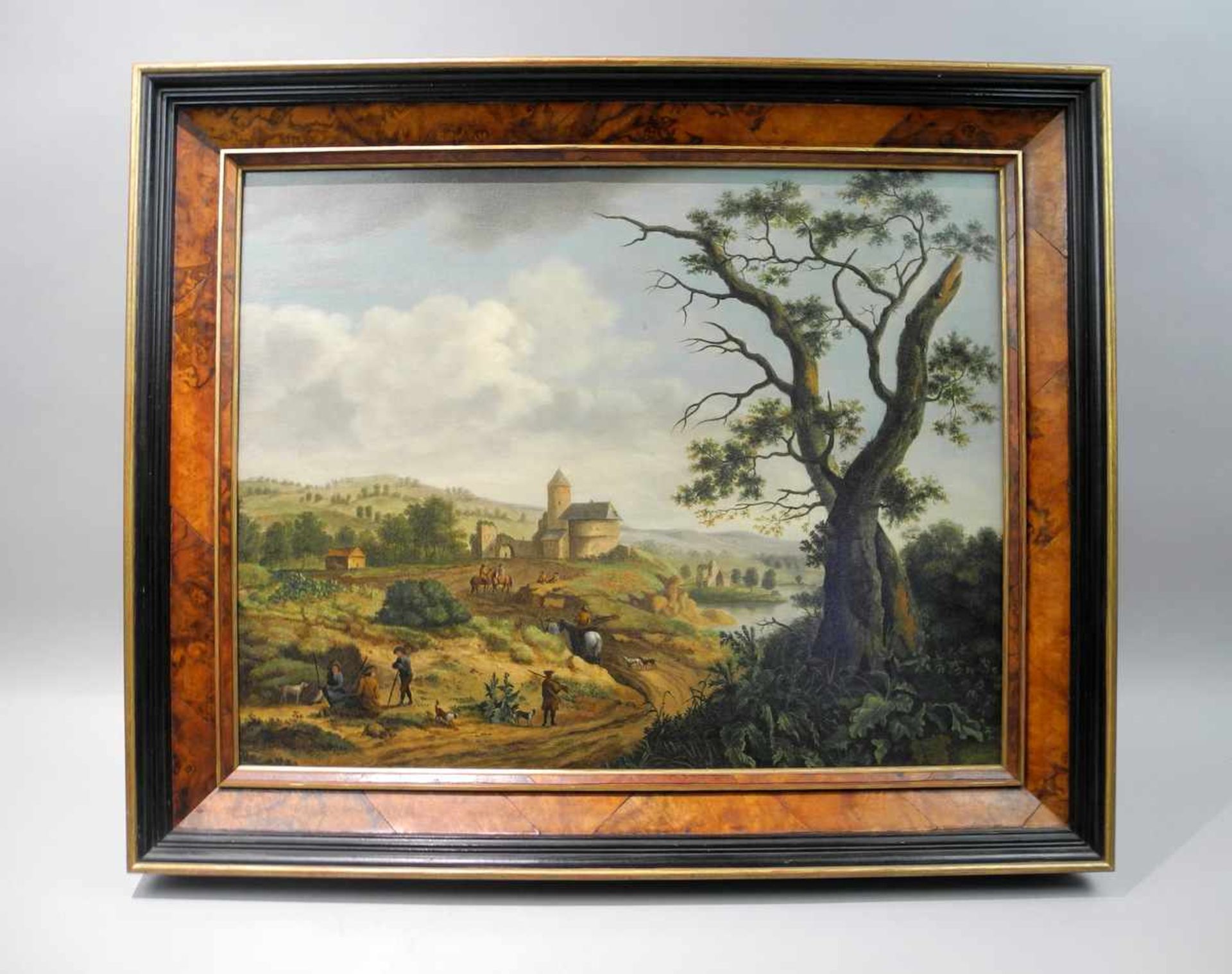 Altmeistergemälde mit JagdgesellschaftÖl/Holz. Weitläufige Landschaft mit Burg und Jagdgesellschaft. - Image 2 of 2