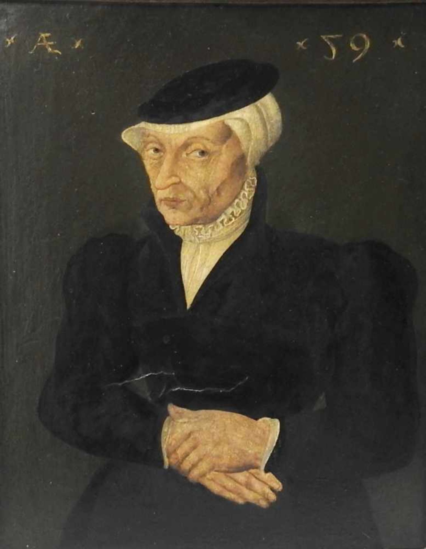Porträt einer alten DameÖl/Holz. Darstellung einer Dame mit strengem Blick, gekreuzten Händen, in