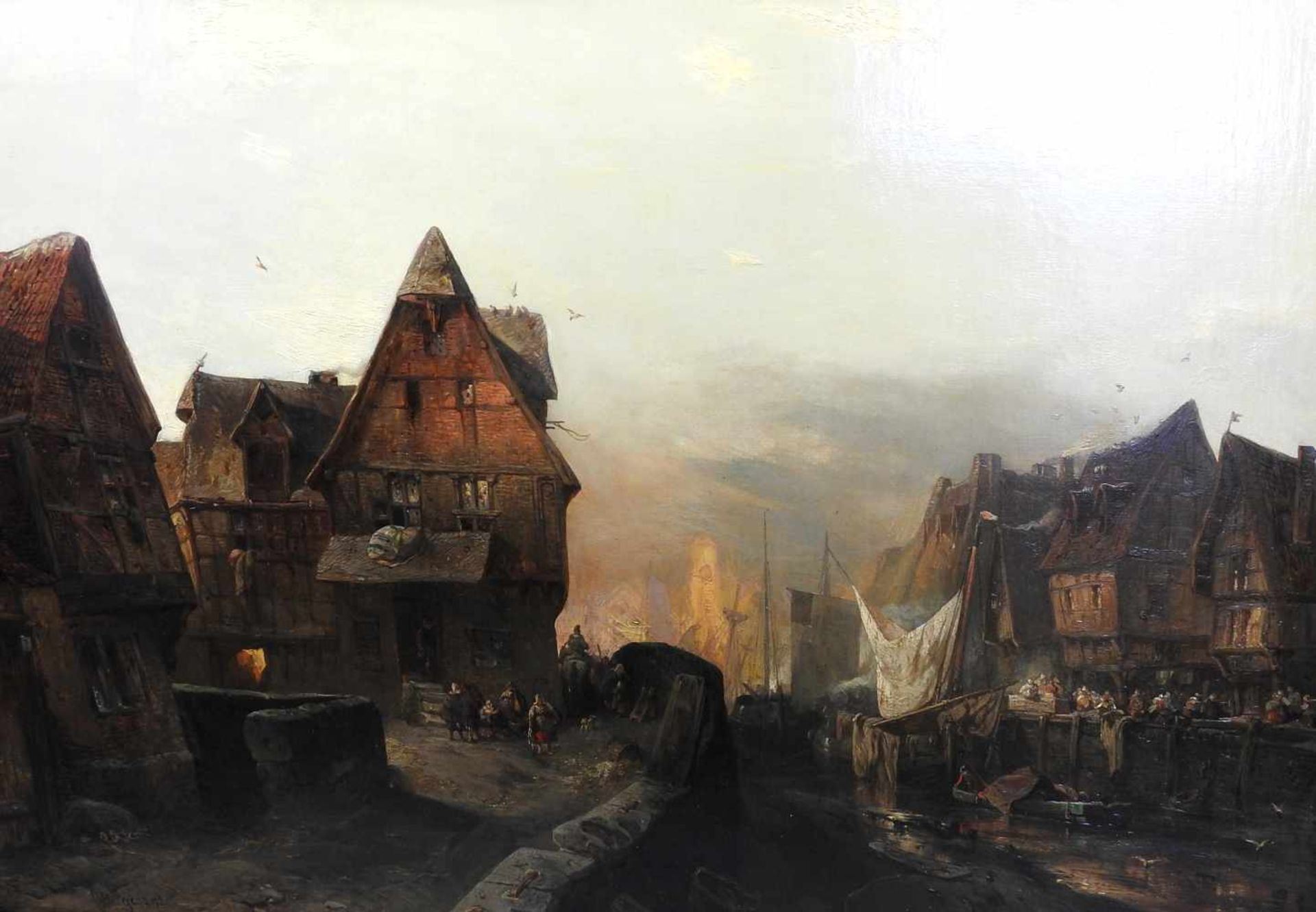 Carl Hilgers, 1818 Düsseldorf - 1890 ebendaÖl/Leinwand. Blick auf einen Kanal mit Fachwerk und