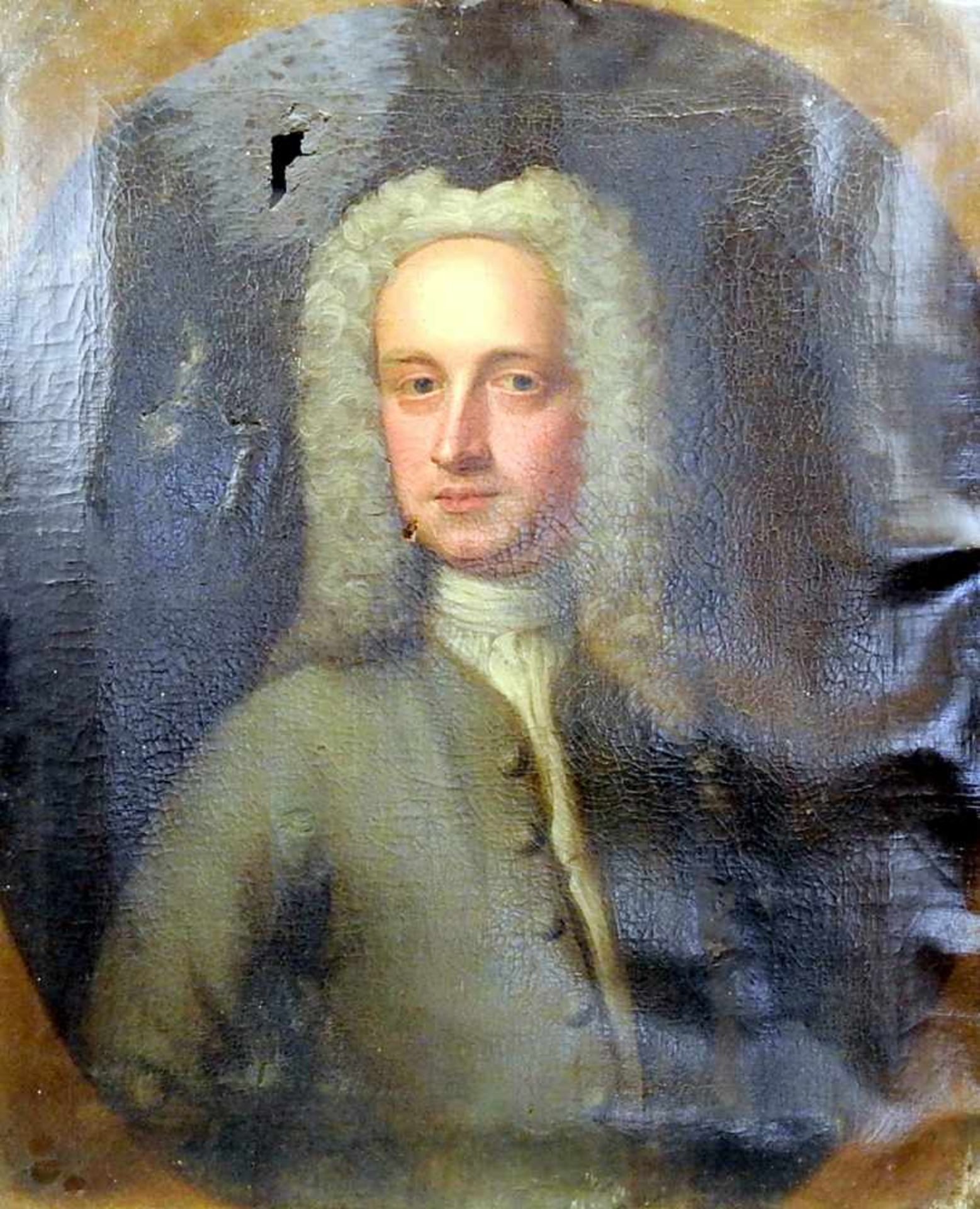 Barockes AdelsportätÖl/Leinwand. Brustbild eines Herrn mit barocker Perücke. Unsigniert. Wohl