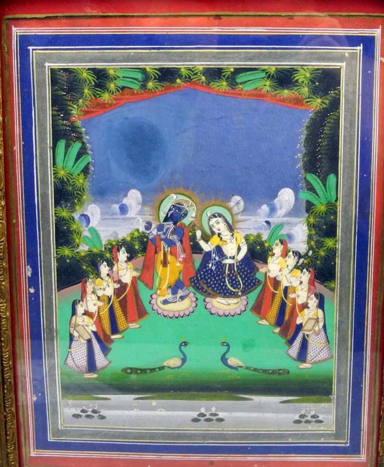 Indische HochzeitGouache/Papier. Farbenfrohe Darstellung eines indischen Hochzeitpaares mit Pfauen