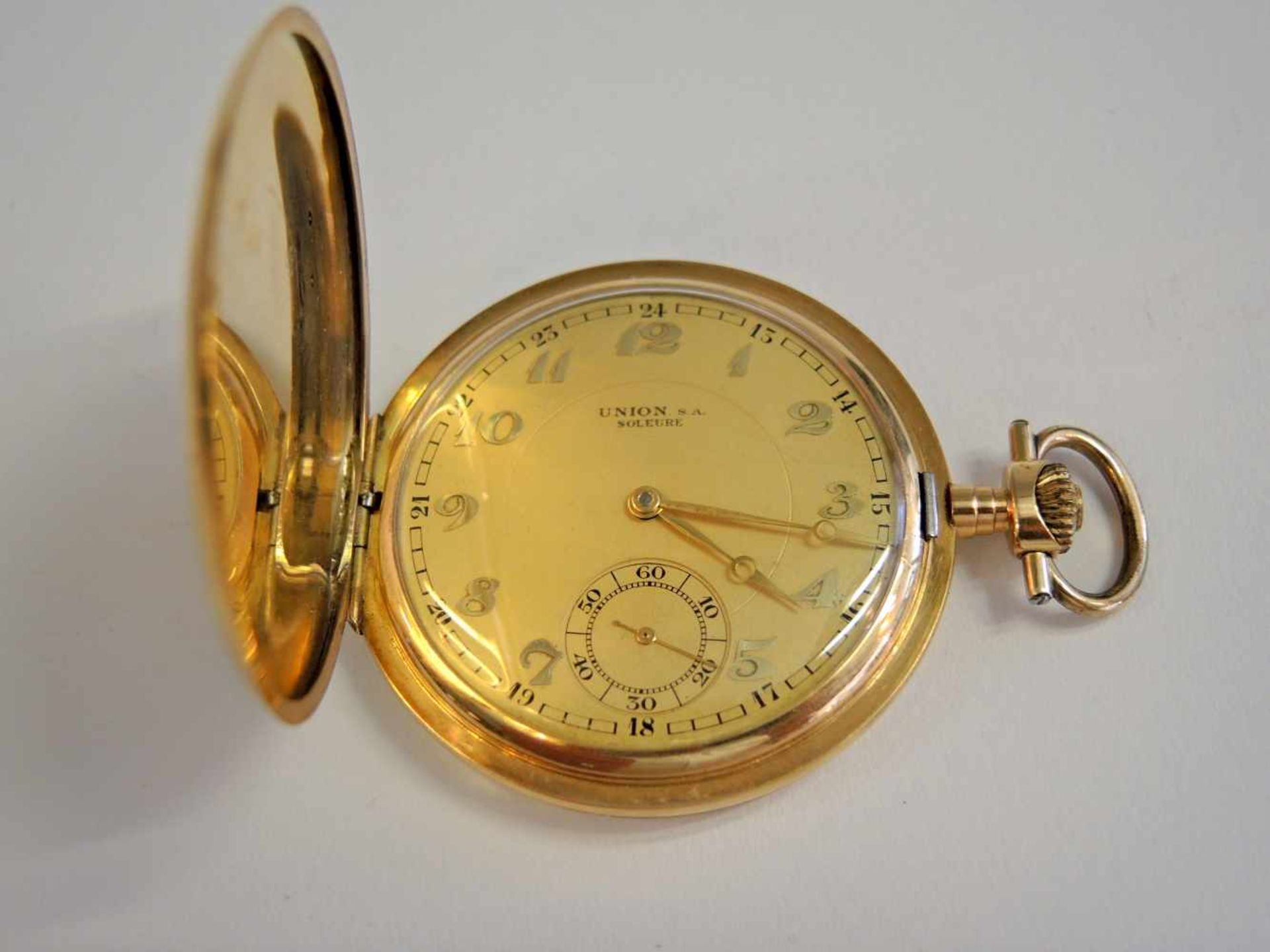 Union Soleure, Savonette-Taschenuhr14 K. Gelbgold, in guter Erhaltung, gangbar. Um 1920. Ø ca. 50