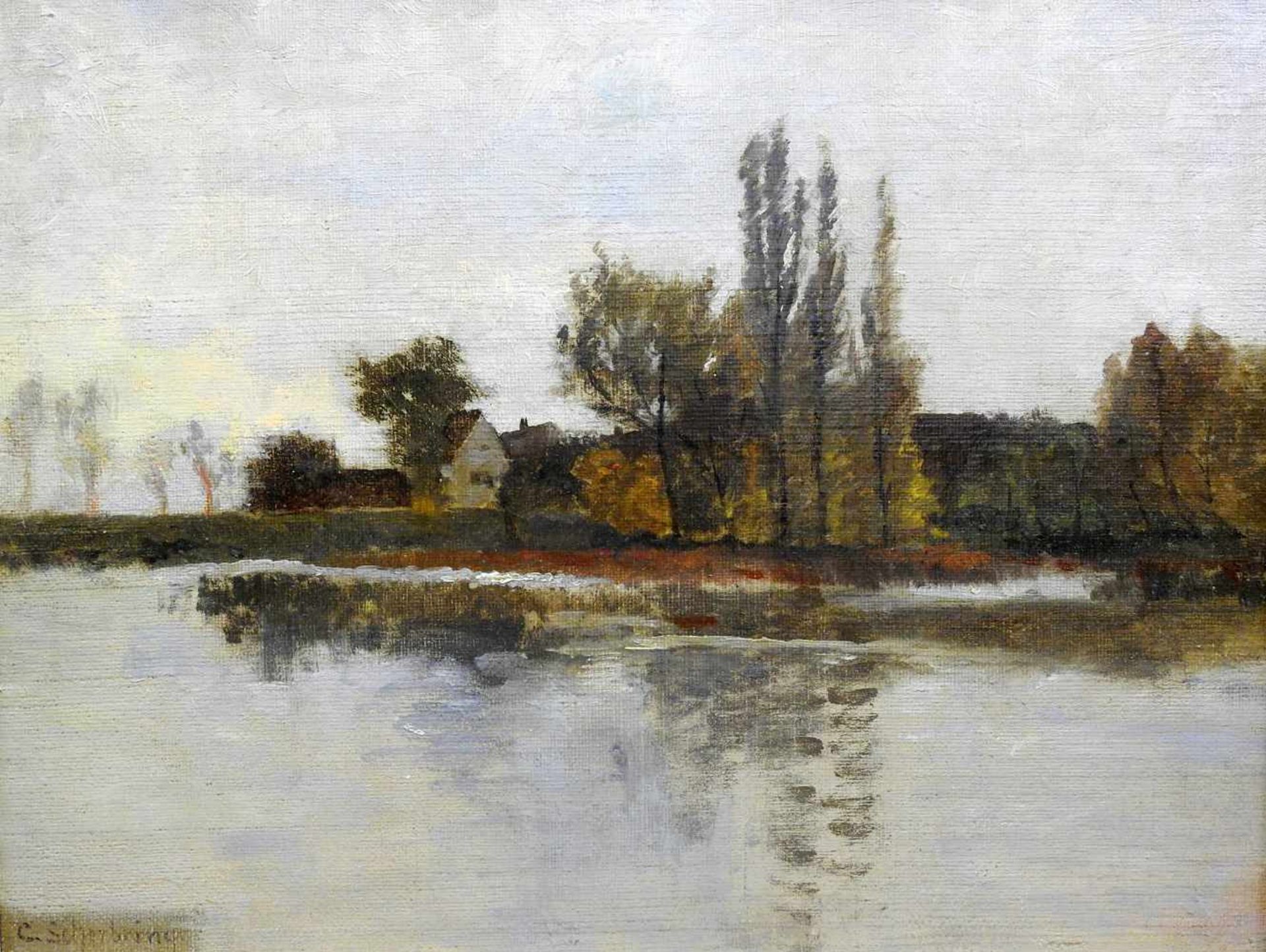 Carl Scherbring, 1859 Memel-1899 MünchenÖl/Hartfaserplatte. Idyllisches Dorf am Wasser. Scherbring