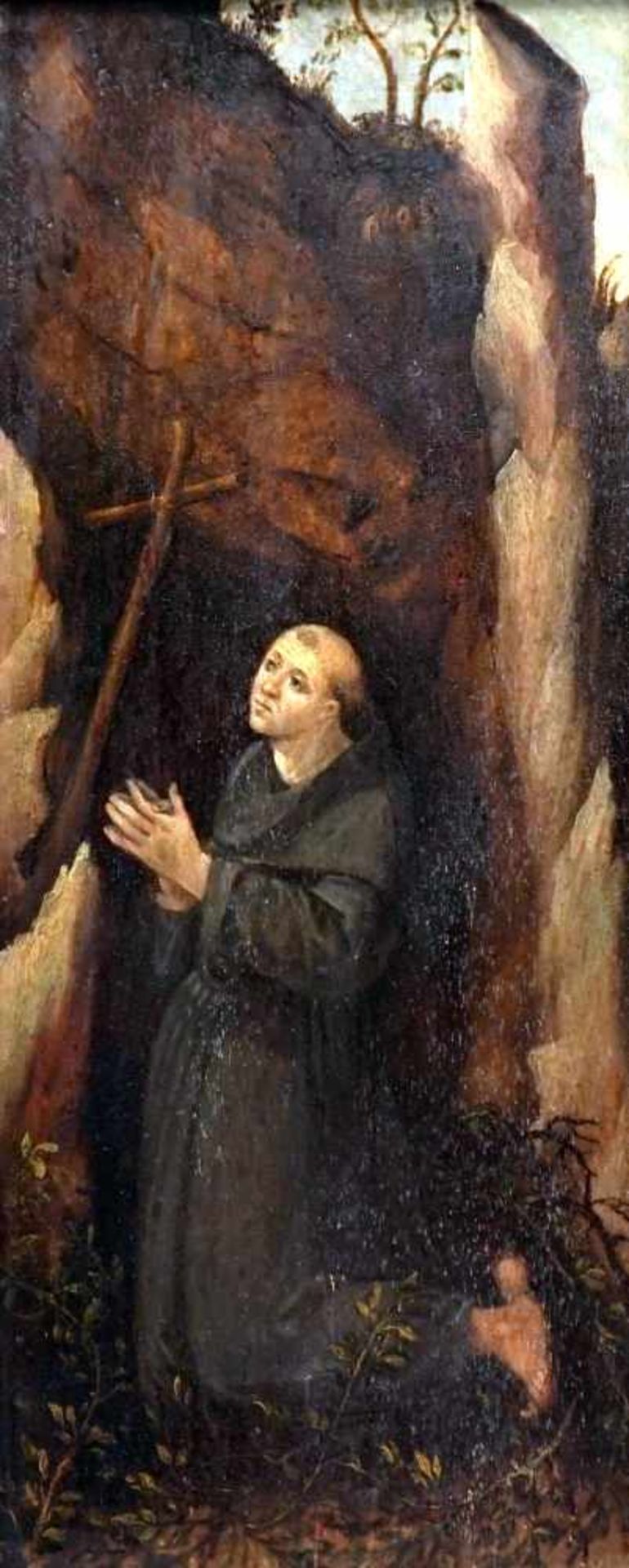 Das Gebet des Heiligen AntoniusÖl/Holz. In Sträuchern kniender Mönch vor einer felsigen Höhle,