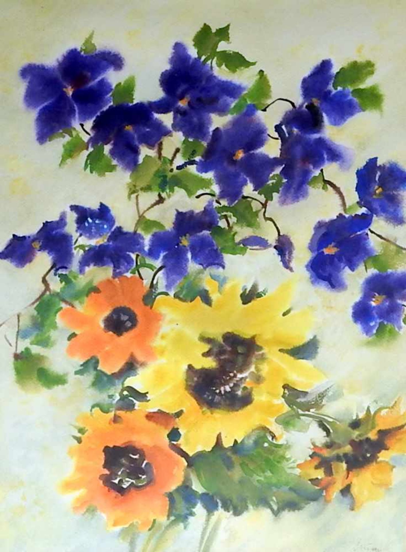 BlumenaquarellAquarell/Papier. Sonnenblumen mit darüberliegenden blau blühenden Blumen vor