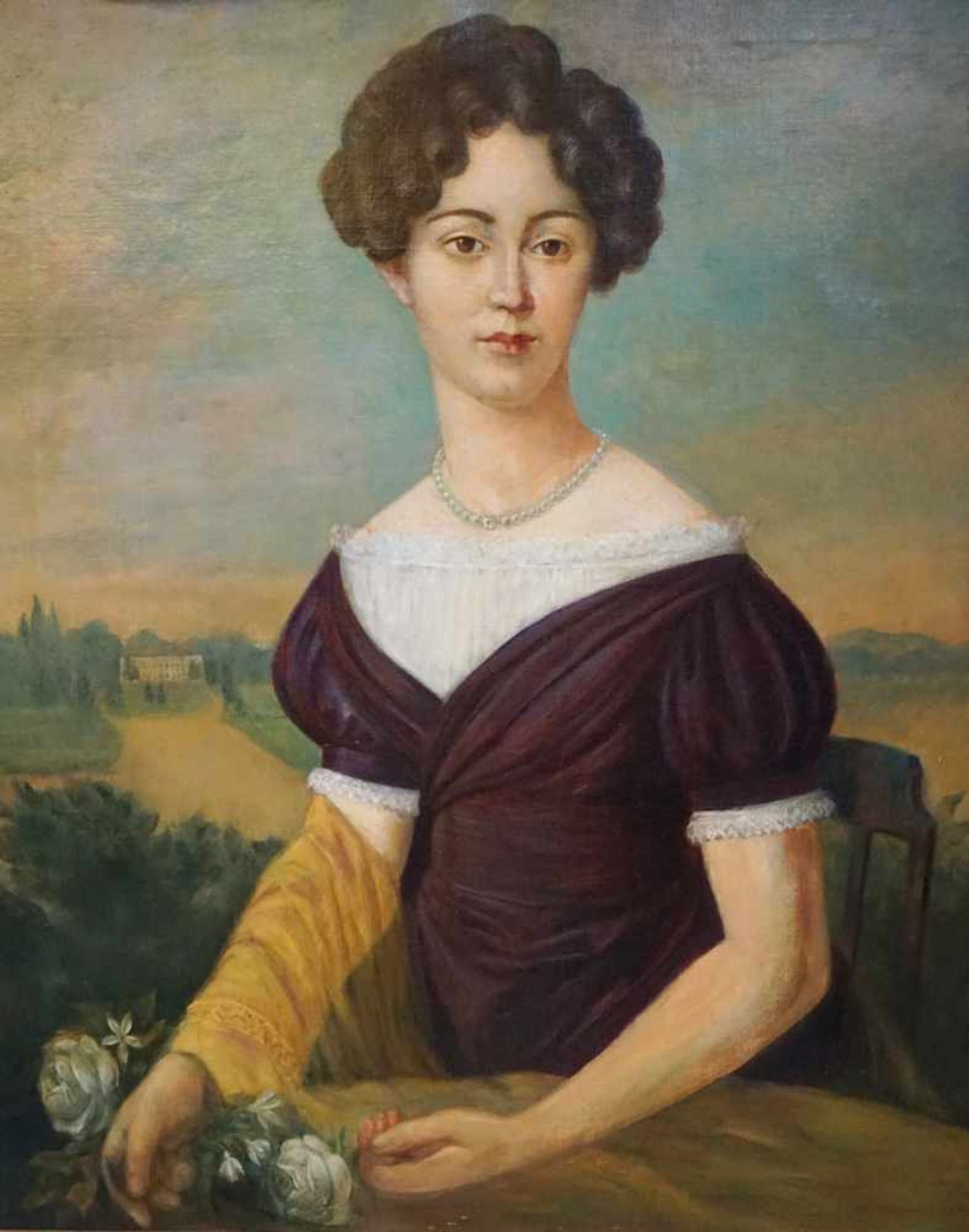 Dresdner DamenporträtÖl/Leinwand. Halbporträt einer jungen Frau mit weißen Rosen, sowie einer