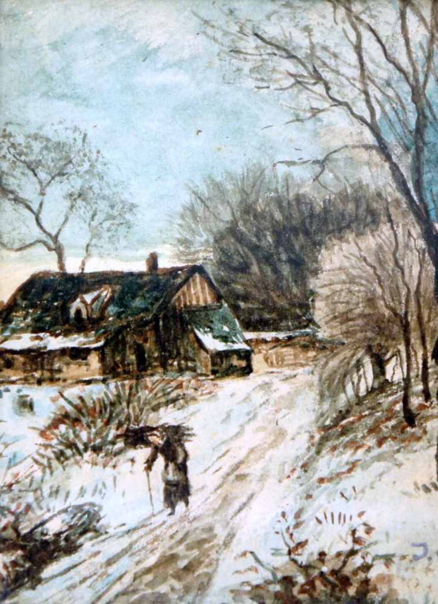 Winterliche Landschaft mit HolzsammlerinAquarell/Papier. Verschneiter Feldweg mit Holzsammlerin