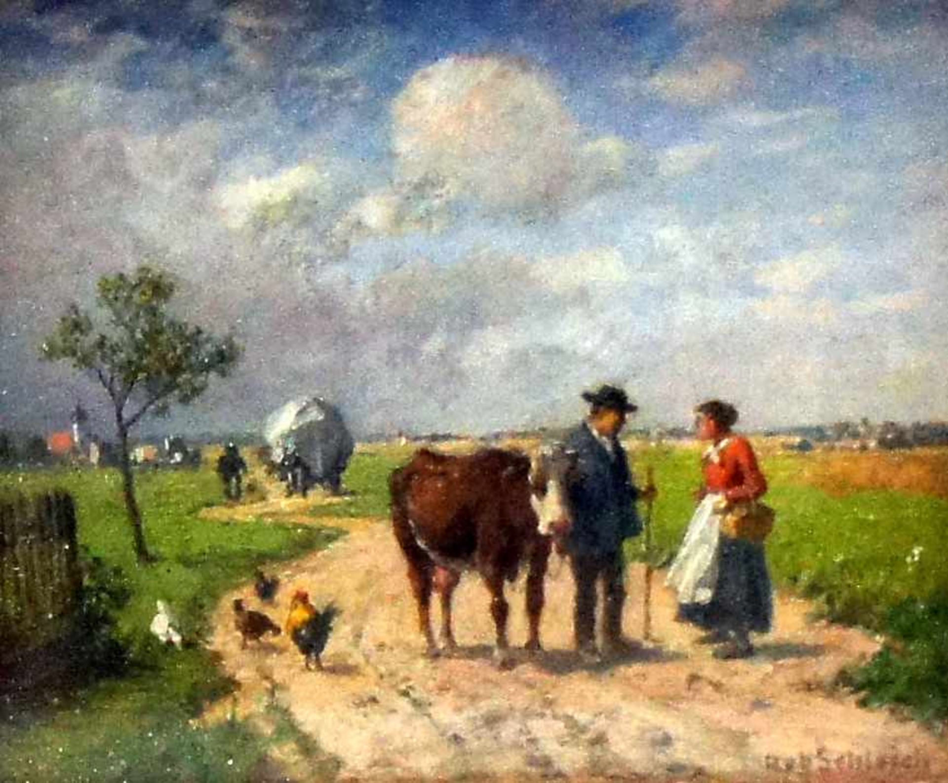 Robert Schleich, 1845 München - 1934 ebendaÖl/Holz. Plausch auf dem Feldweg. Nach einem Studium an