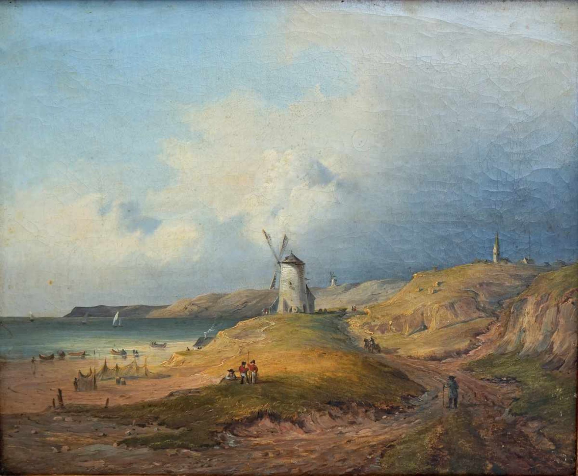 Heinrich Schönfeld, 1809 Dresden - 1845 MünchenÖl/Leinwand. Ansicht einer Meeresbucht mit Windmühle.