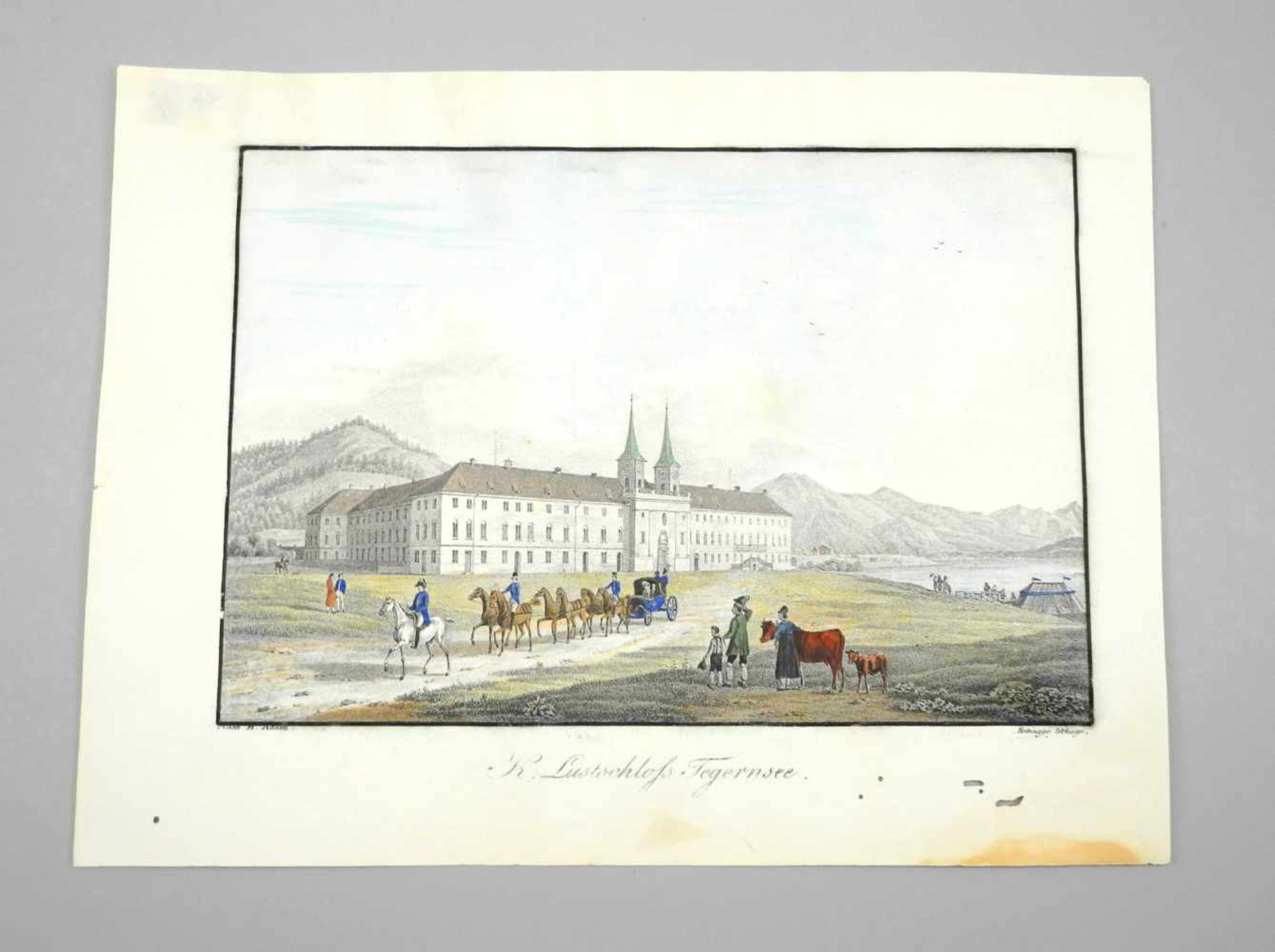 Königliches Lustschloss TegernseeKolorierte Lithographie/Papier. Königliche Kutsche vor dem