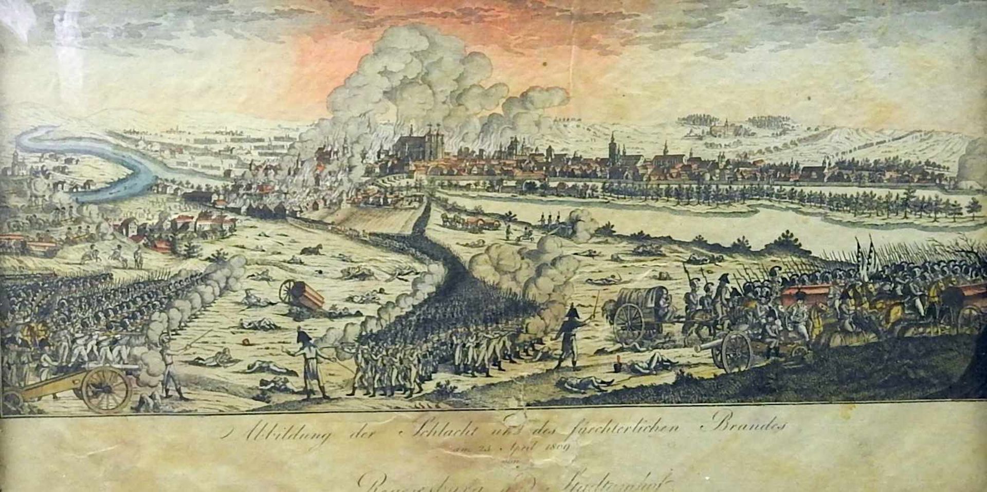 Regensburg und Stadtamhof in FlammenKolorierter Kupferstich/Papier. Abbildung der Schlacht und des