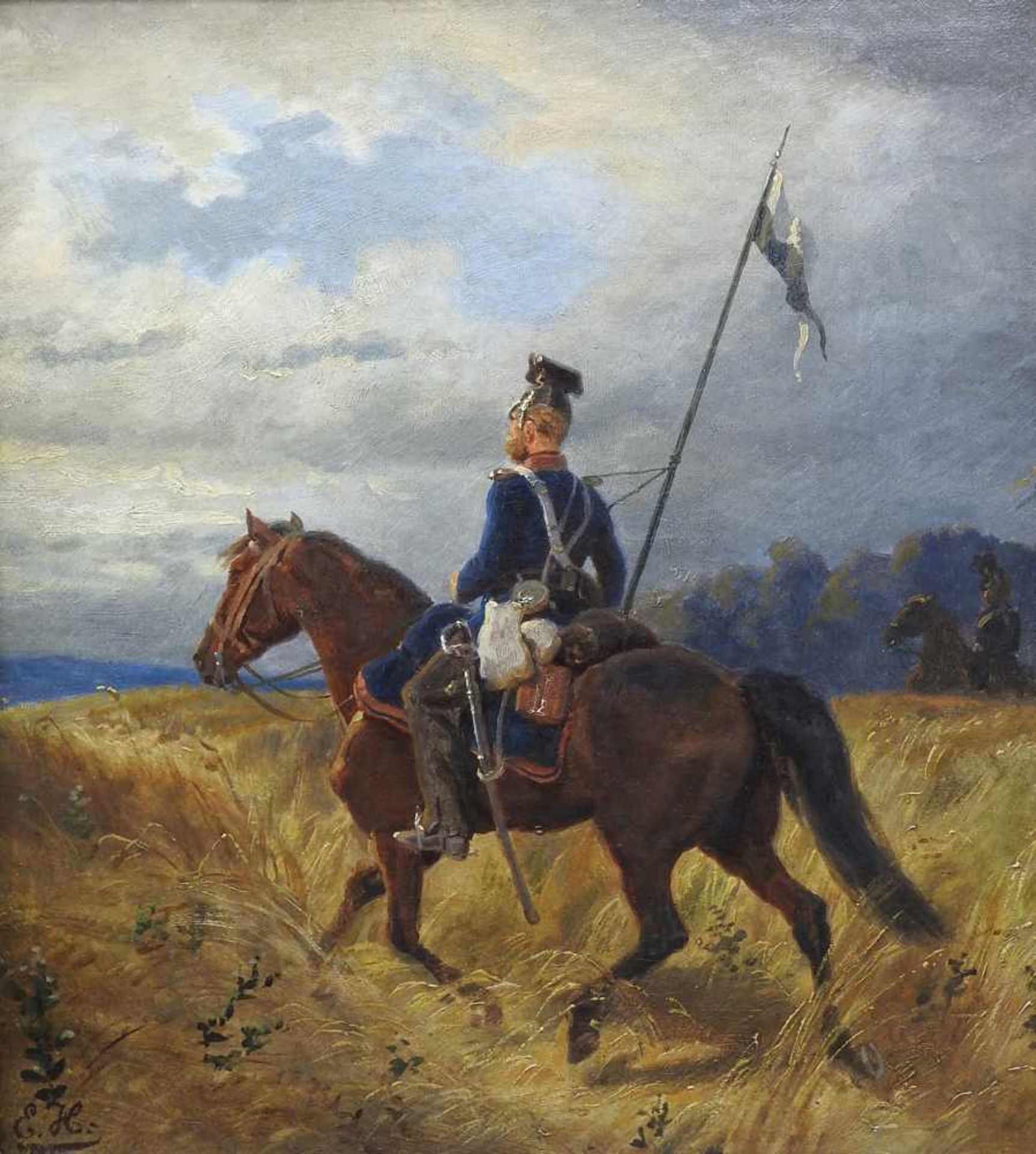 Emil Hünten, 1827 Paris - 1902 DüsseldorfÖl/Leinwand. Reitender Soldat auf einem Getreidefeld. Die