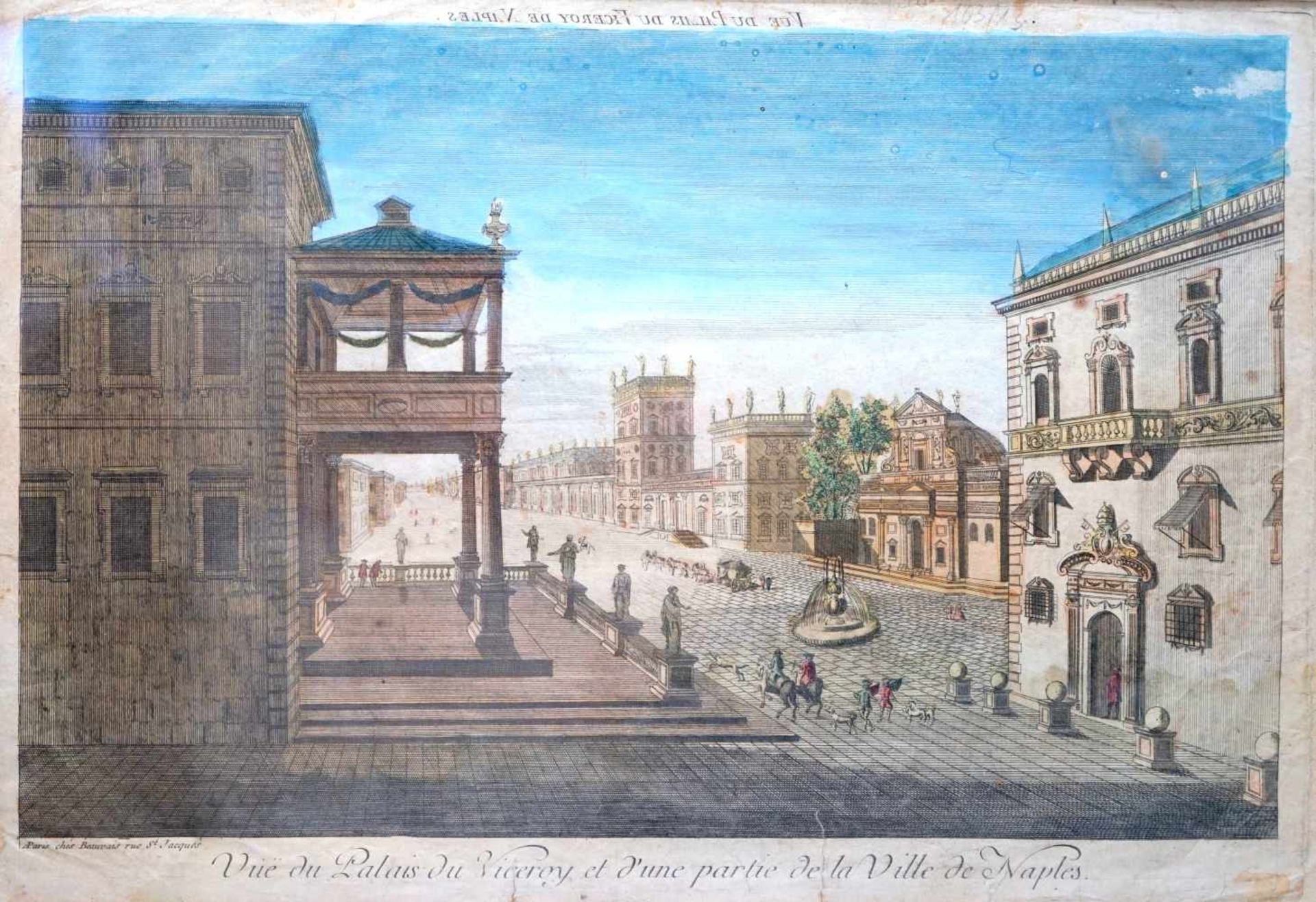 Guckkastenbild des Palazzo Reale in NeapelHandkolorierter Stich/Papier. Der kolorierte Kupferstich