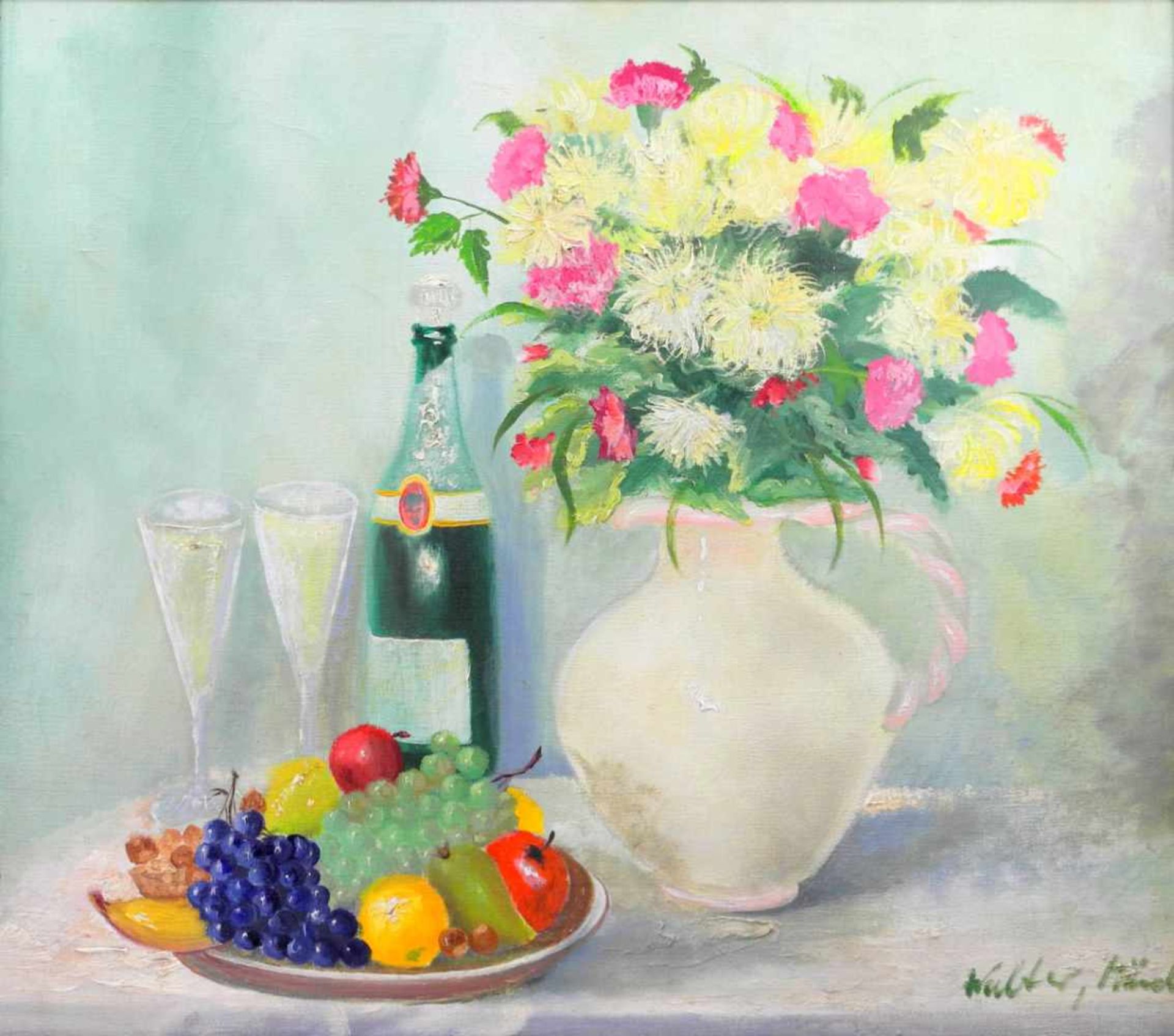 ChampagnerfrühstückÖl/Leinwand. Blumenstillleben mit Champagner und Obstschale in Pasttellfarben.