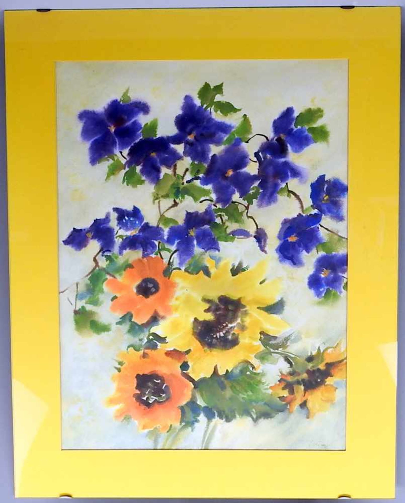 BlumenaquarellAquarell/Papier. Sonnenblumen mit darüberliegenden blau blühenden Blumen vor - Bild 2 aus 2