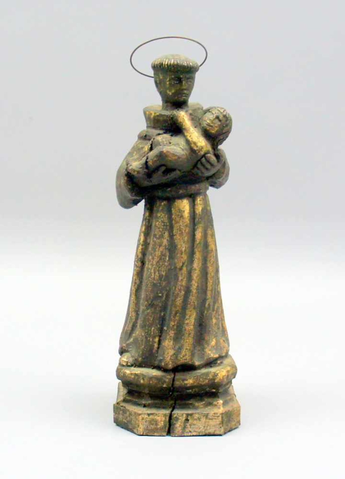 Spanische HeiligenfigurHolz geschnitzt/Metall. Auf Sockel stehender Mönch mit metallenem Nimbus, auf