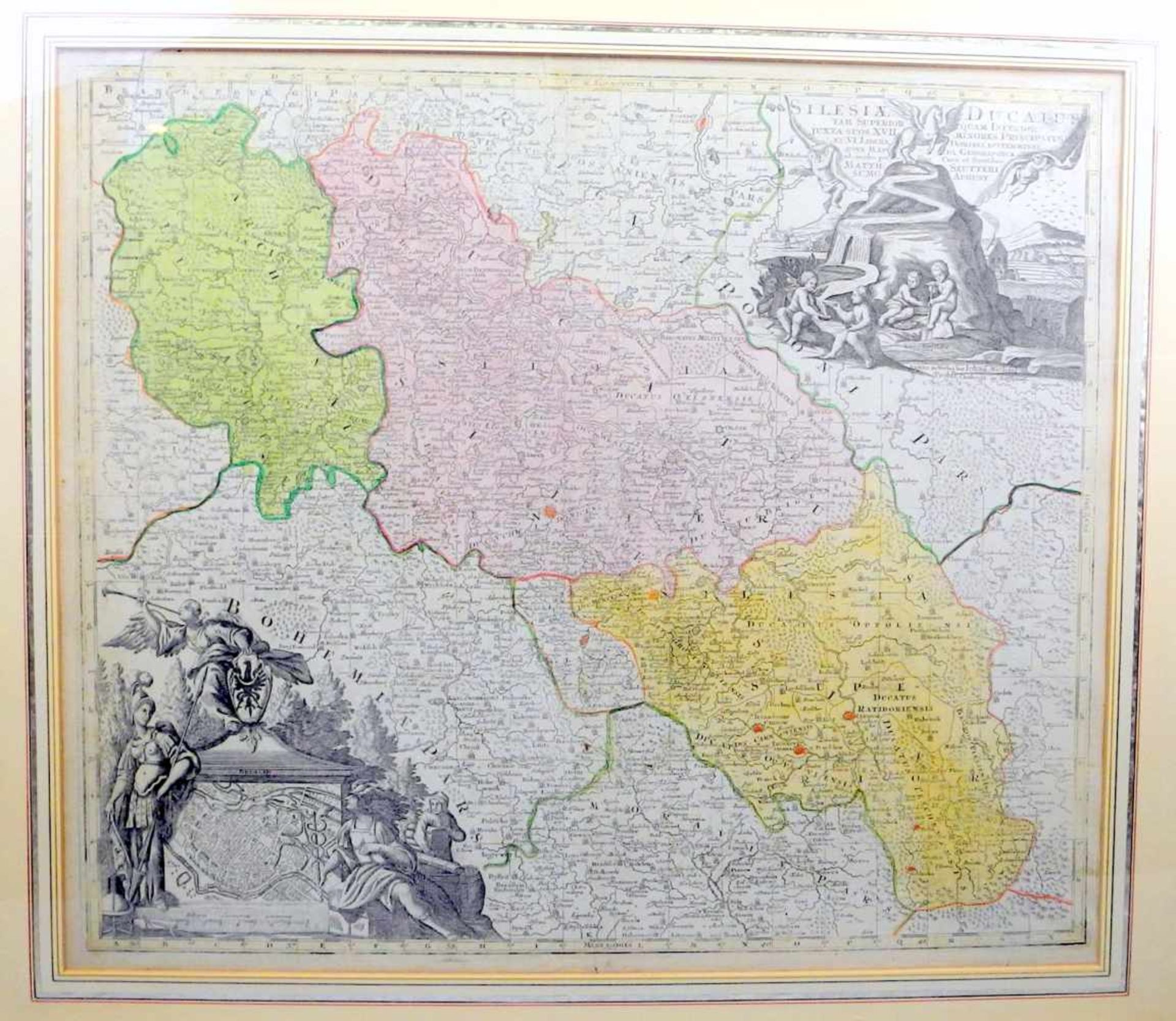 Landkarte von SchlesienKolorierter Kuperstich/Papier. Die antike Landkarte "Silesiae Ducatus" des