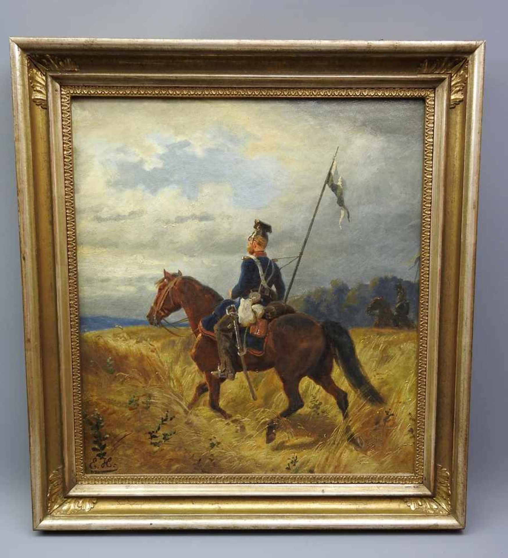 Emil Hünten, 1827 Paris - 1902 DüsseldorfÖl/Leinwand. Reitender Soldat auf einem Getreidefeld. Die - Image 2 of 2