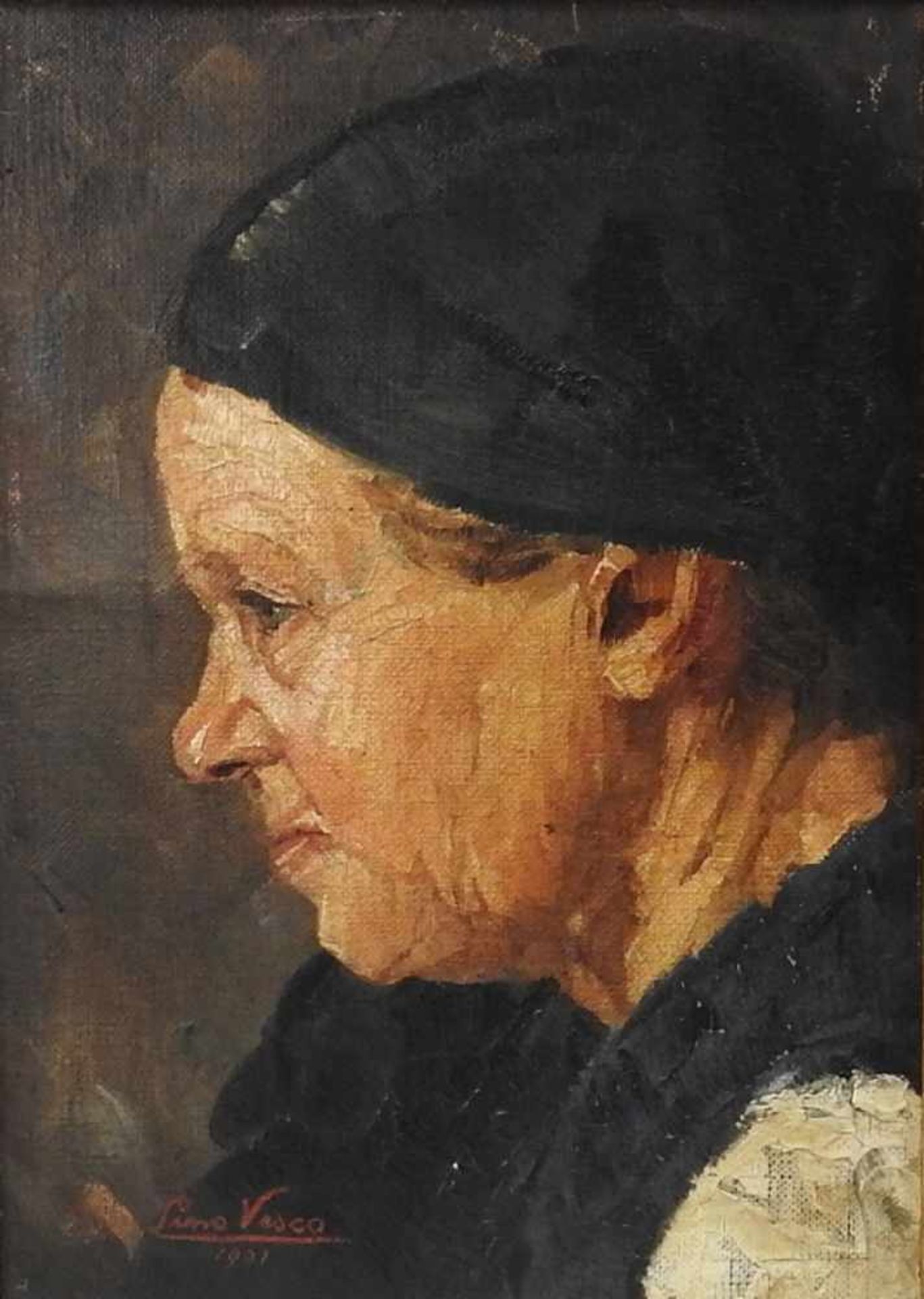 Lino Vesco, 1879 Salzburg - unbekanntÖl/Leinwand. Lebhaftes Profil-Portät einer Bäuerin. Vesco war
