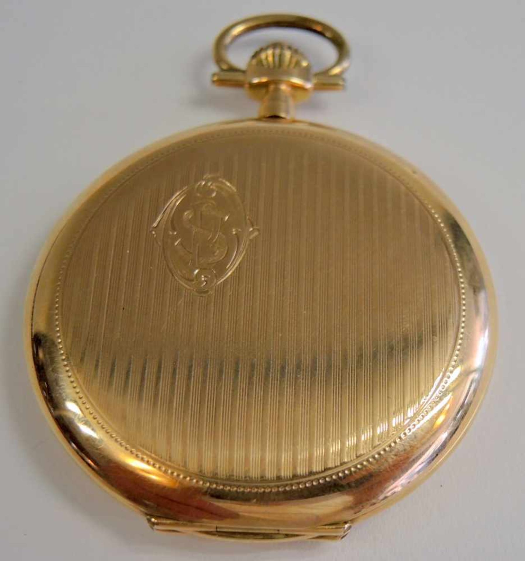 Union Soleure, Savonette-Taschenuhr14 K. Gelbgold, in guter Erhaltung, gangbar. Um 1920. Ø ca. 50 - Bild 4 aus 5