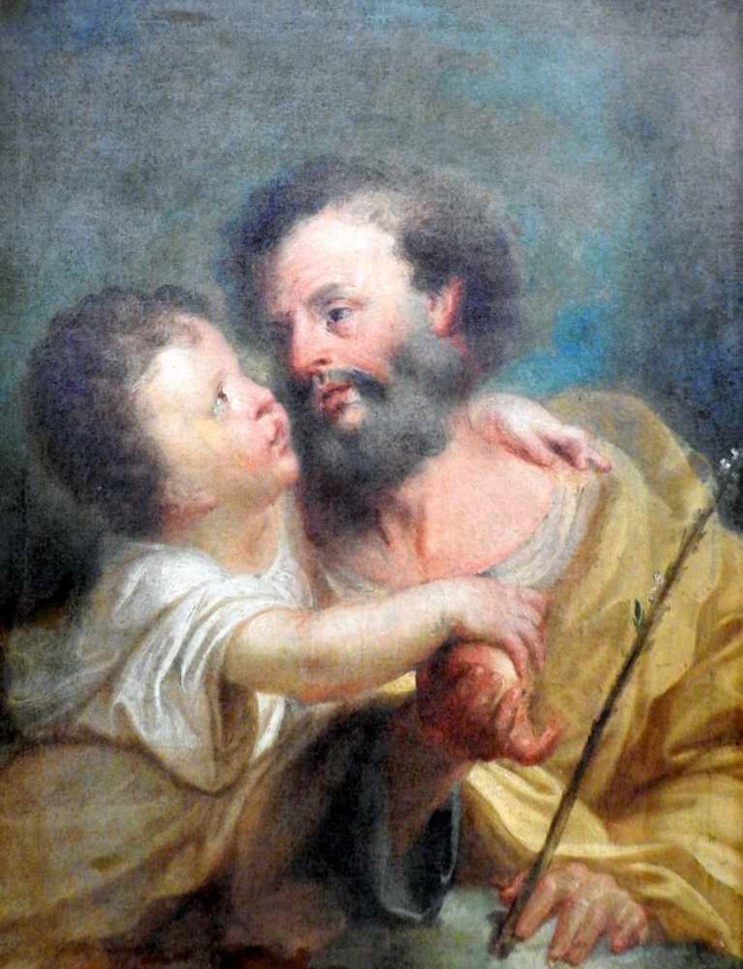 Heiliger Josef mit ChristuskindÖl/Leinwand. Bildnis von Josef und Jesus, welche gemeinsam einen