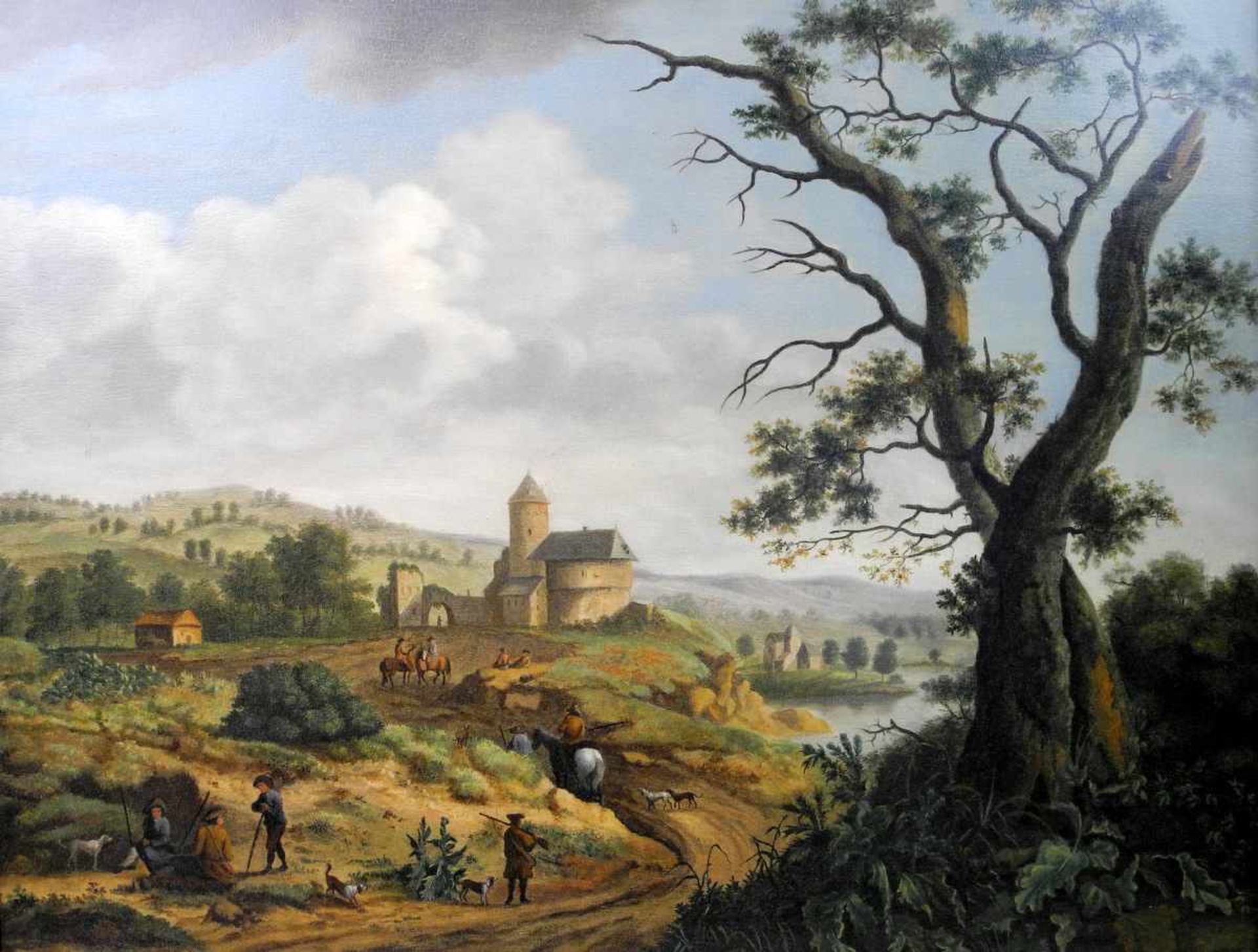 Altmeistergemälde mit JagdgesellschaftÖl/Holz. Weitläufige Landschaft mit Burg und Jagdgesellschaft.