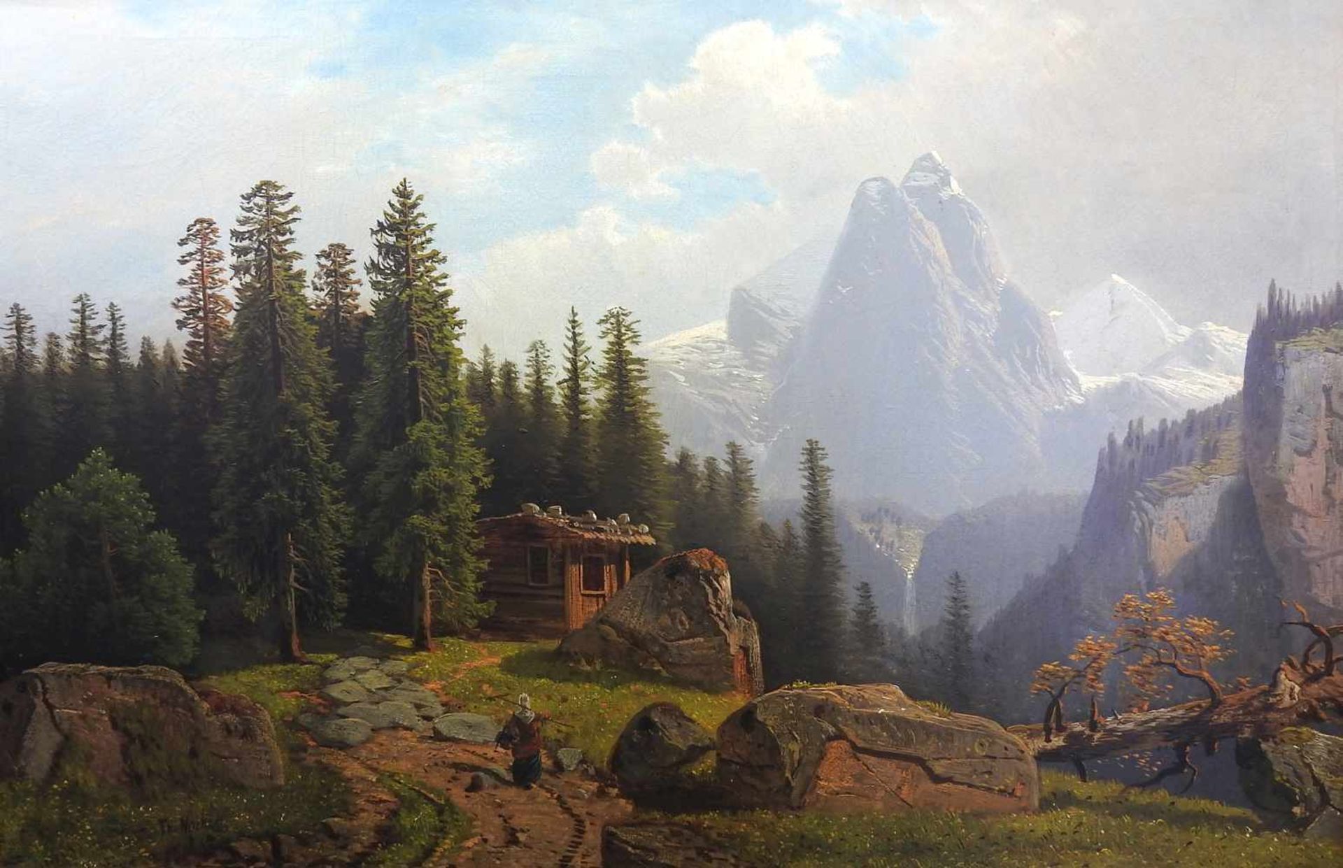 Theodor Nocken, 1830 Düsseldorf - 1905 ebendaÖl/Leinwand. Blick auf eine Alm mit heimkehrender Magd,