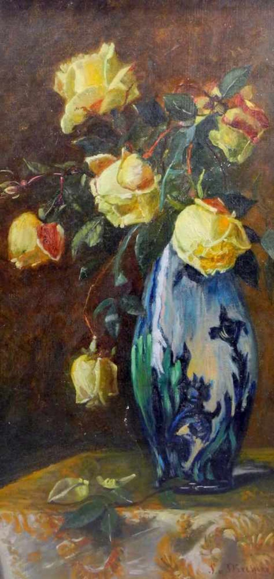 Stephanie von Strechine, 1858 Odessa - 1940 Bad TölzÖl/Leinwand. Gelbe Rosen in blauer Vase.