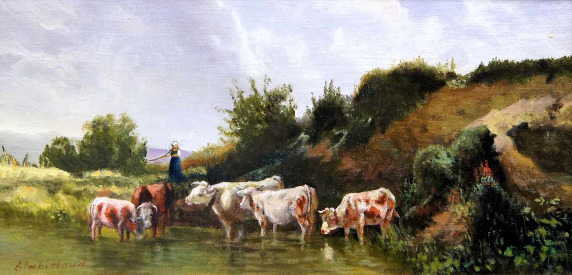 Bäuerin beim ViehtriebÖl/Holz. Dargestellung einer Bäuerin, welche Kühe zu einem See treibt. Das