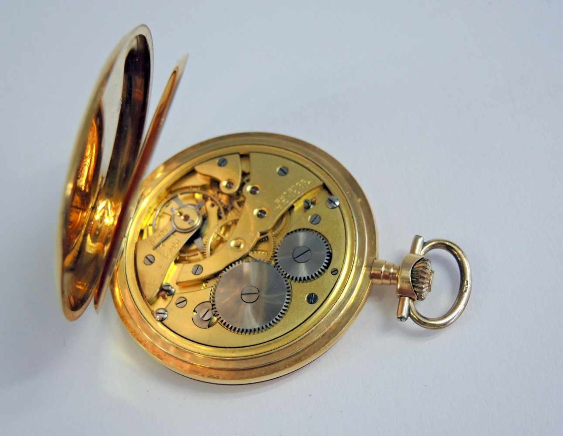 Union Soleure, Savonette-Taschenuhr14 K. Gelbgold, in guter Erhaltung, gangbar. Um 1920. Ø ca. 50 - Bild 3 aus 5