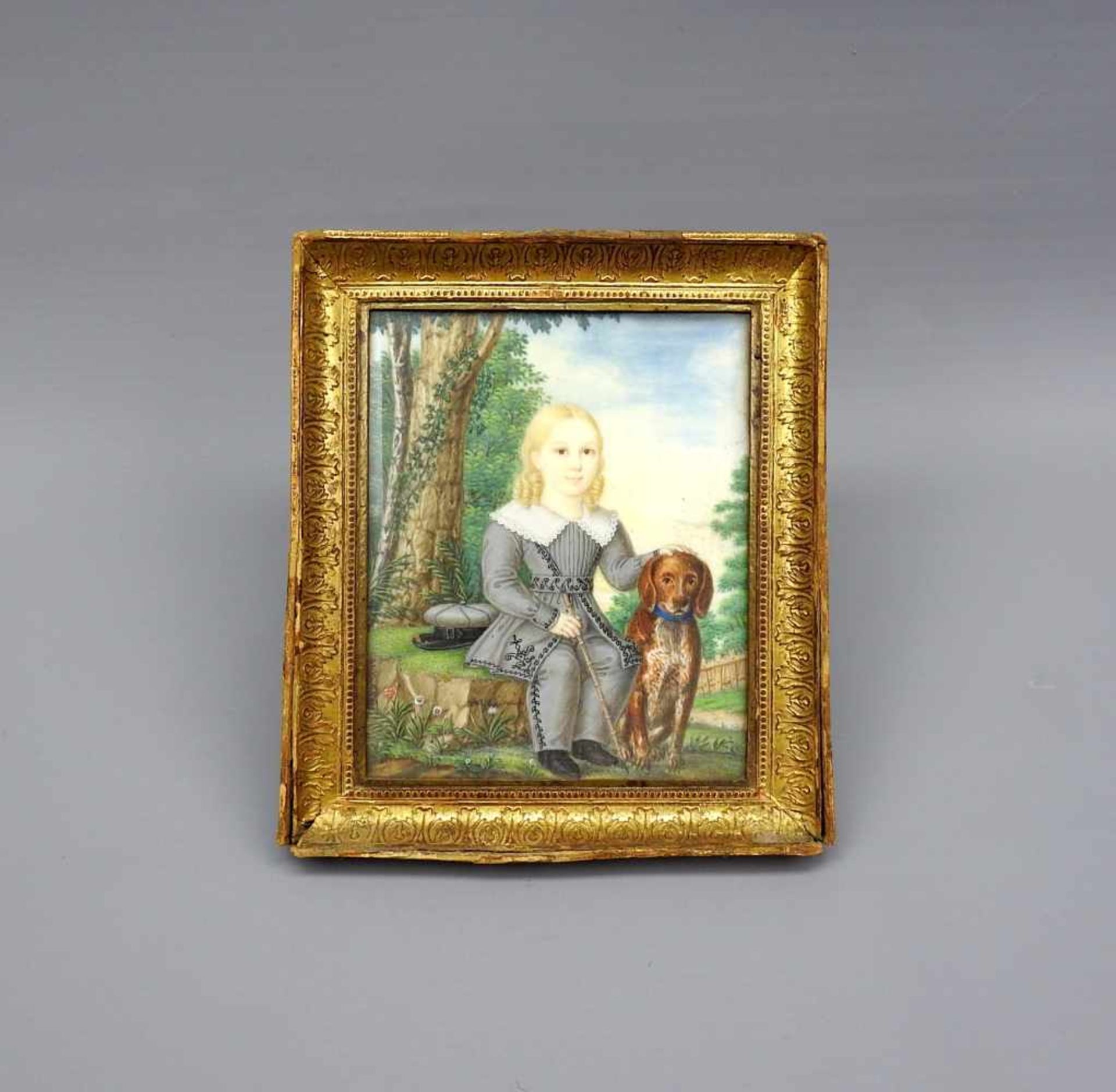 Anton Weißenfeld, 19. Jh. ÖsterreichMischtechnik/Bein. Miniatur eines kleinen Jungen mit Hund. Links - Bild 2 aus 3