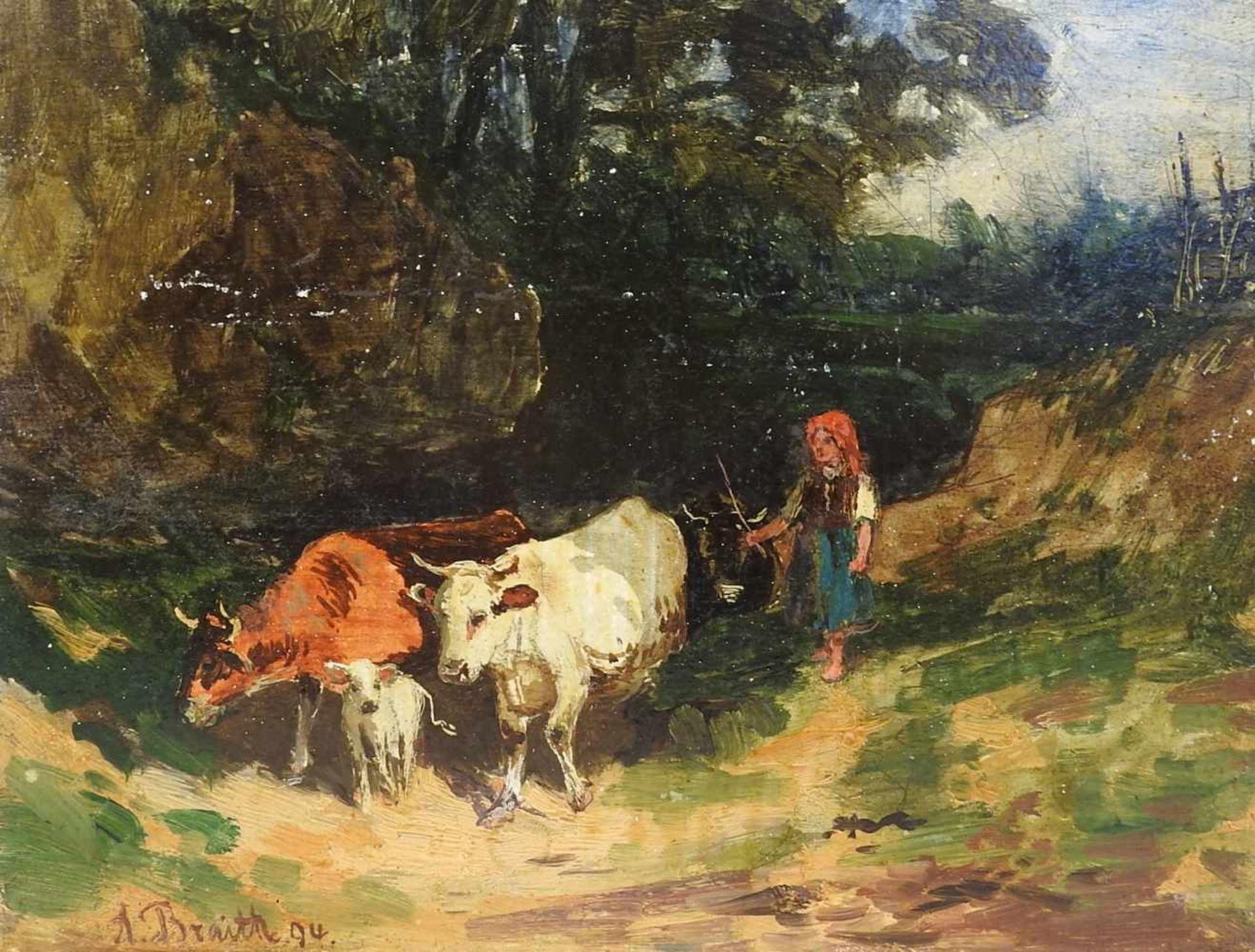 Anton Braith, 1836 Biberach a.d. Riß - 1905 ebendaÖl/Holz. Junge Magd mit kleiner Kuhherde. Nach dem