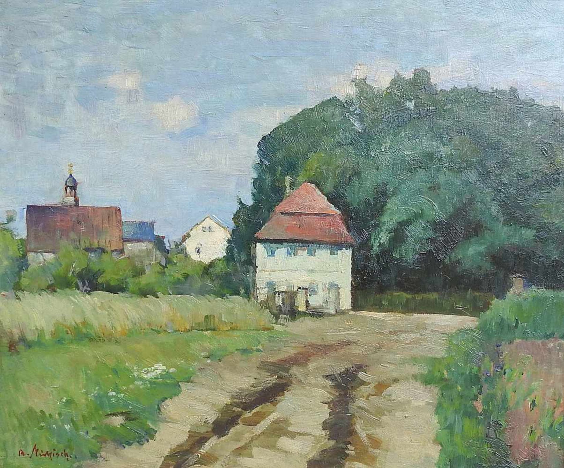 Alfred Nickisch, 1872 Bischdorf - 1948 BambergÖl/Holz. Haus am Feldrand. Links unten signiert. Guter