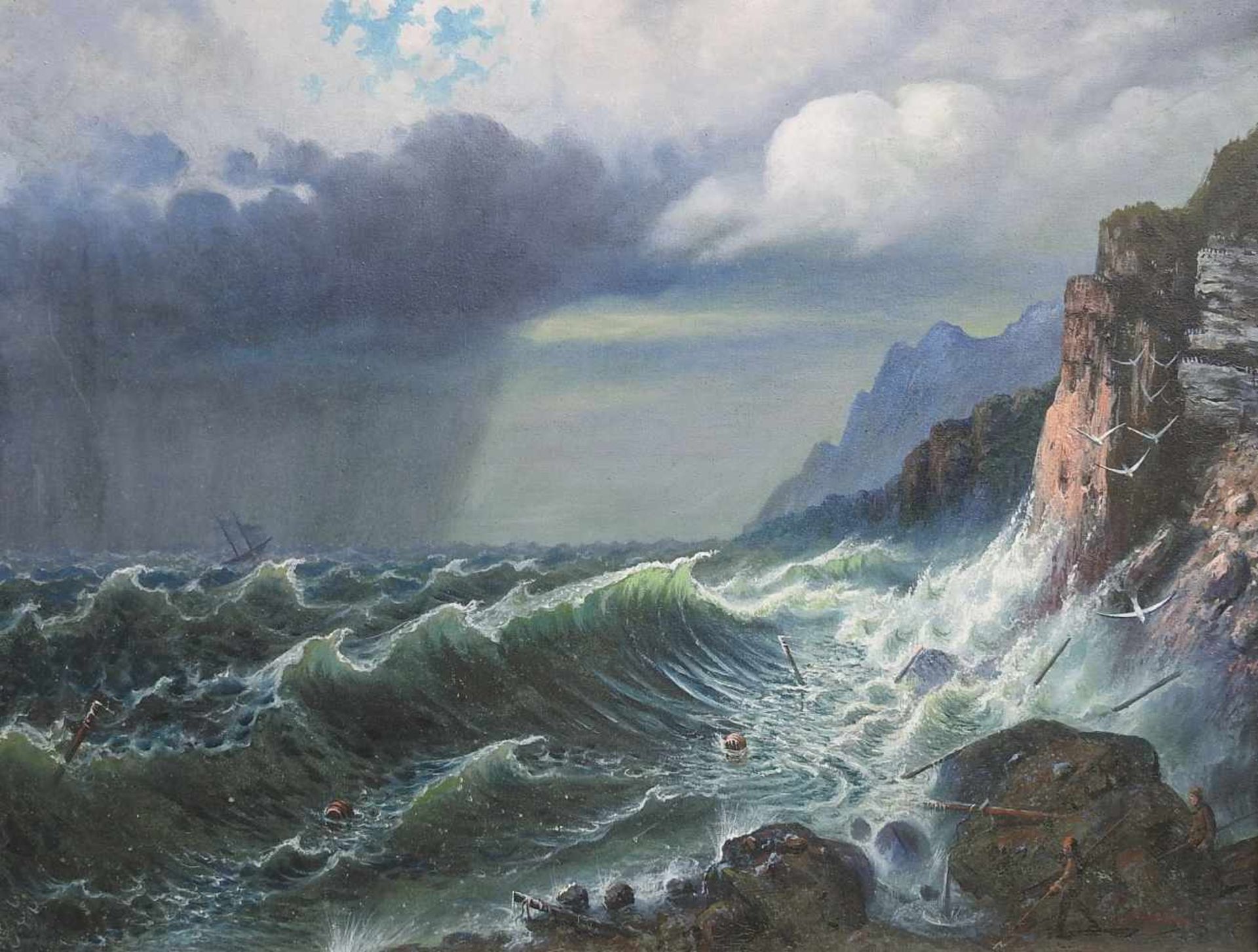 Die Sturmflut vor felsiger KüsteÖl/Leinwand. In dem Werk sind Schiffsbrüchige am Felsen dargestellt.