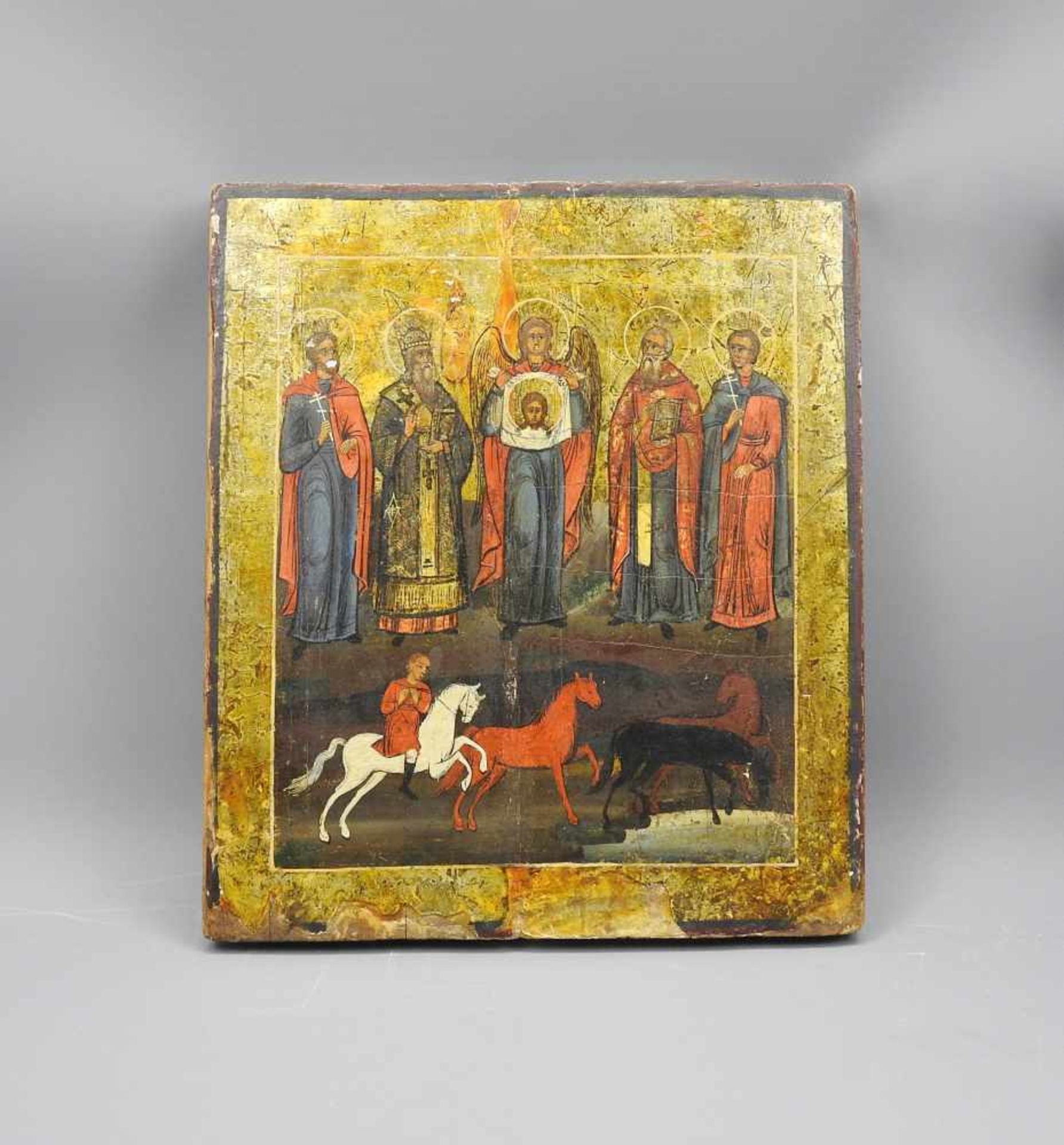 Russische Ikone mit Florus und LaurusTempera/Holz. Mit Heiligendarstellungen von Florus und Laurus - Bild 2 aus 3