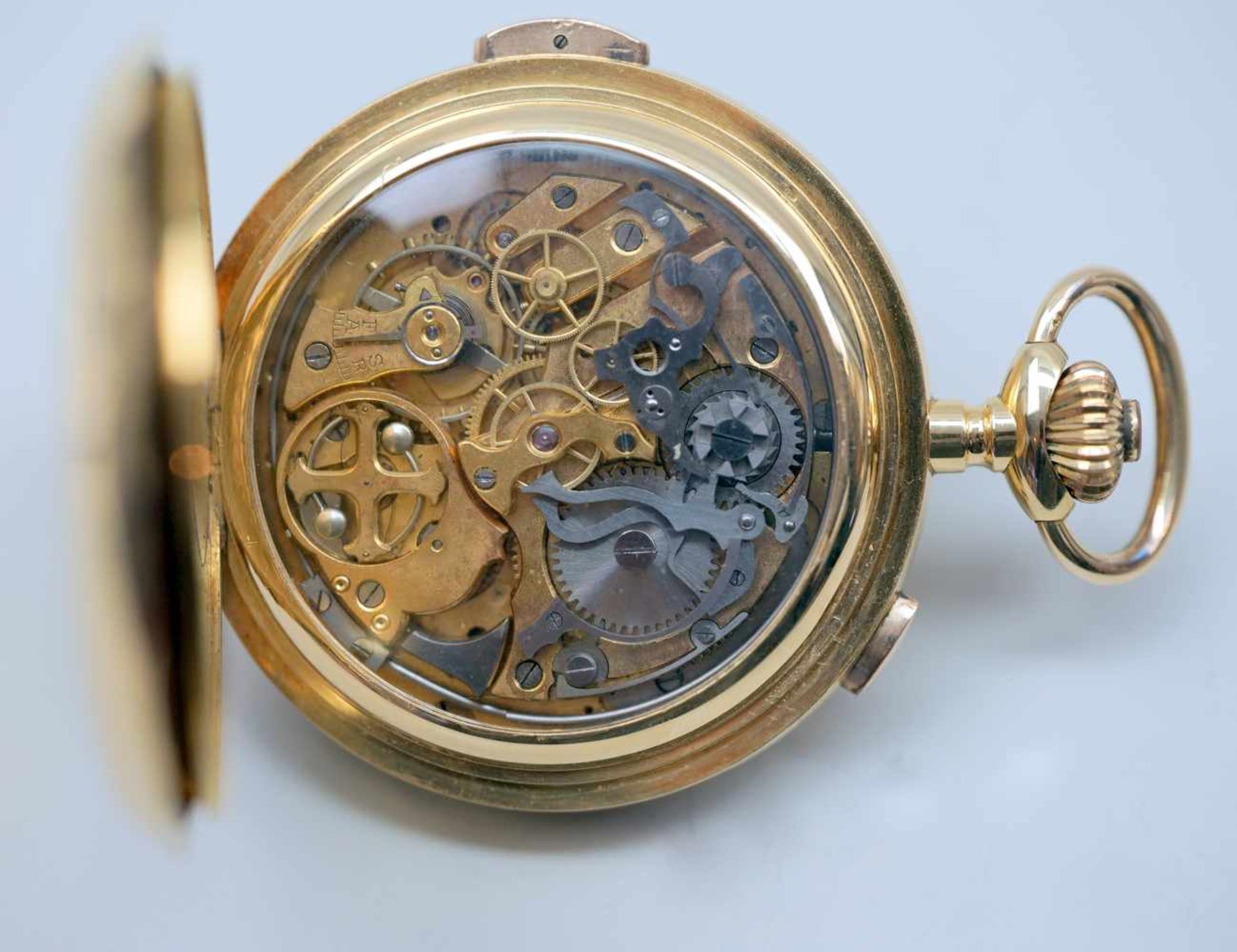 Große TaschenuhrGold. Große Taschenuhr mit drei Deckeln, Gold. Mit Mondphase, Tag sowie Datum und - Bild 4 aus 4