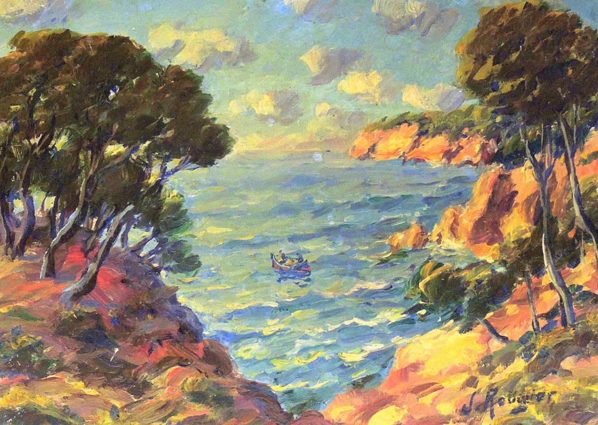 Jean Rougier, "La Côte d'Azur"Öl/Hartfaserplatte. Côte d'Azur. Darstellung eines Ruderbootes in