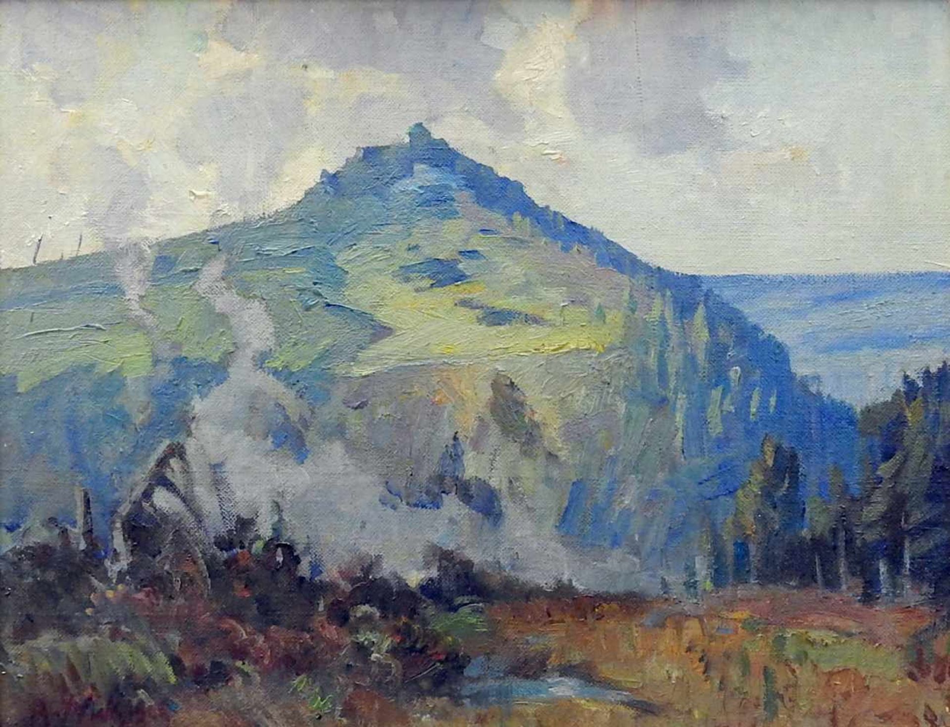 Alfred Nickisch, 1872 Bischdorf - 1948 BambergÖl/Hartfaser. Blick auf eine grüne Berglandschaft.