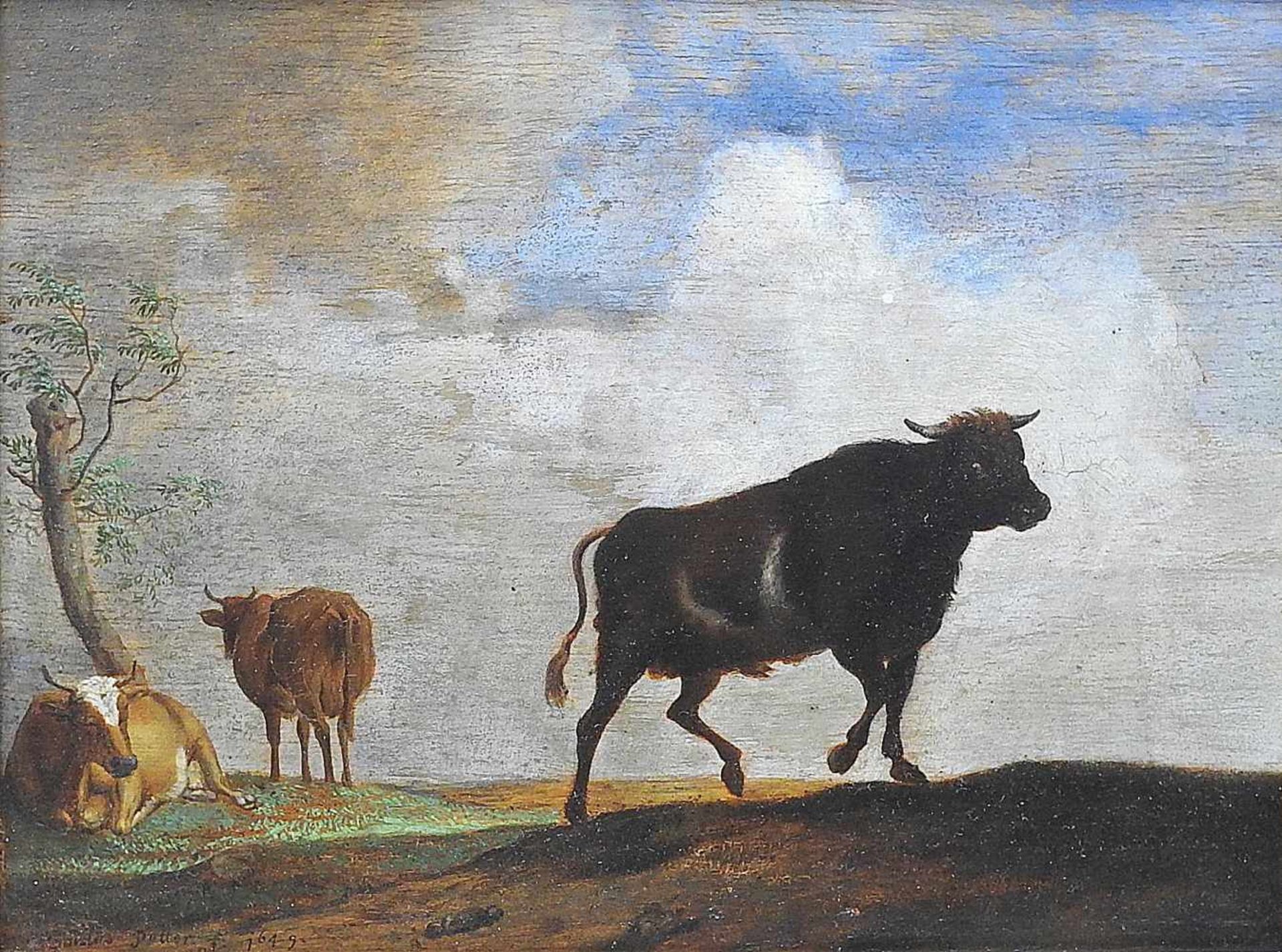 Stier und Kühe auf der WeideÖl/Holz. Kopie nach Paulus Potter. Das originale Gemälde befindet sich