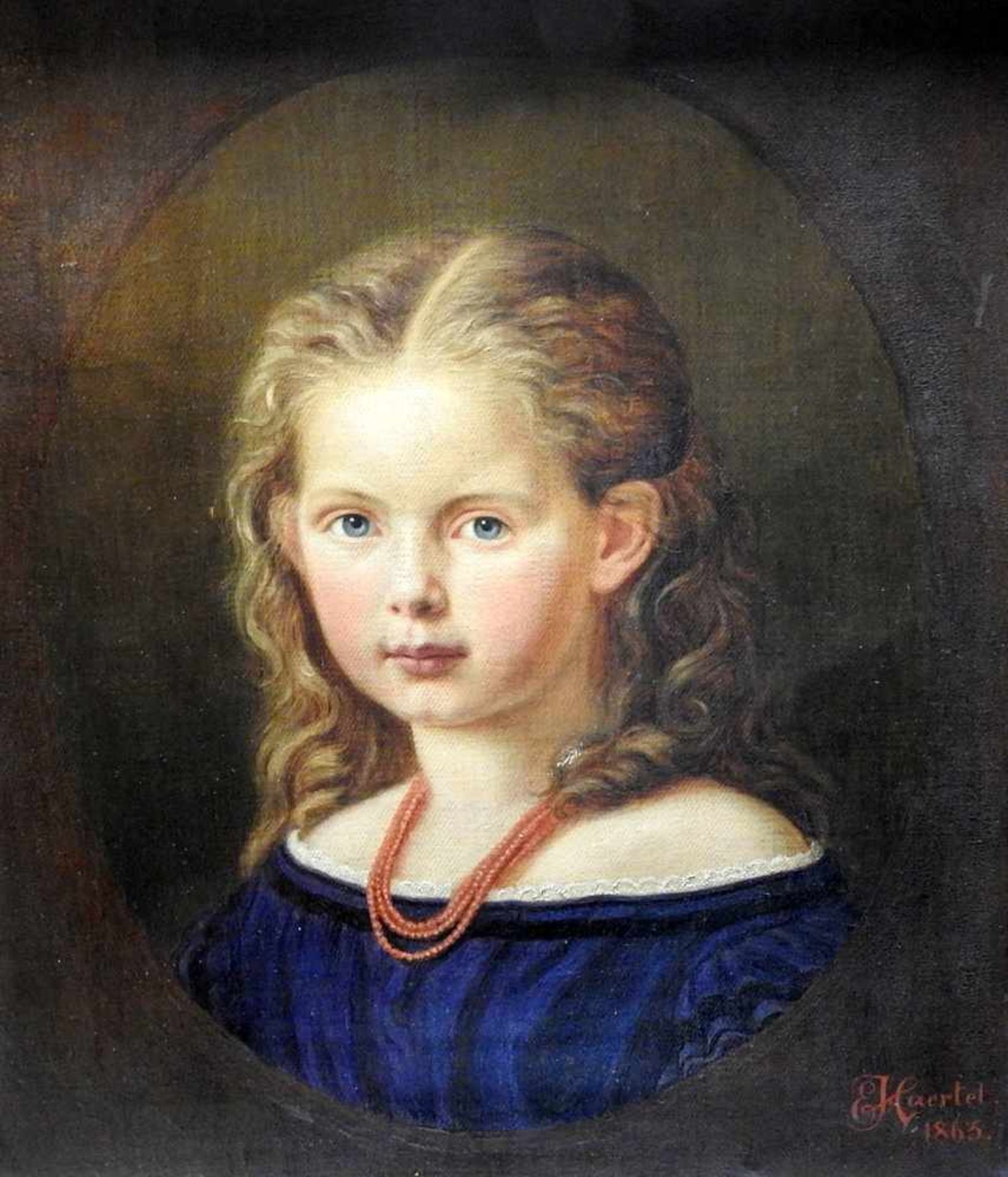 Porträt eines MädchensÖl/Leinwand. Dreiviertel-Porträt eines Mädchens mit blondem, lockigem Haar,