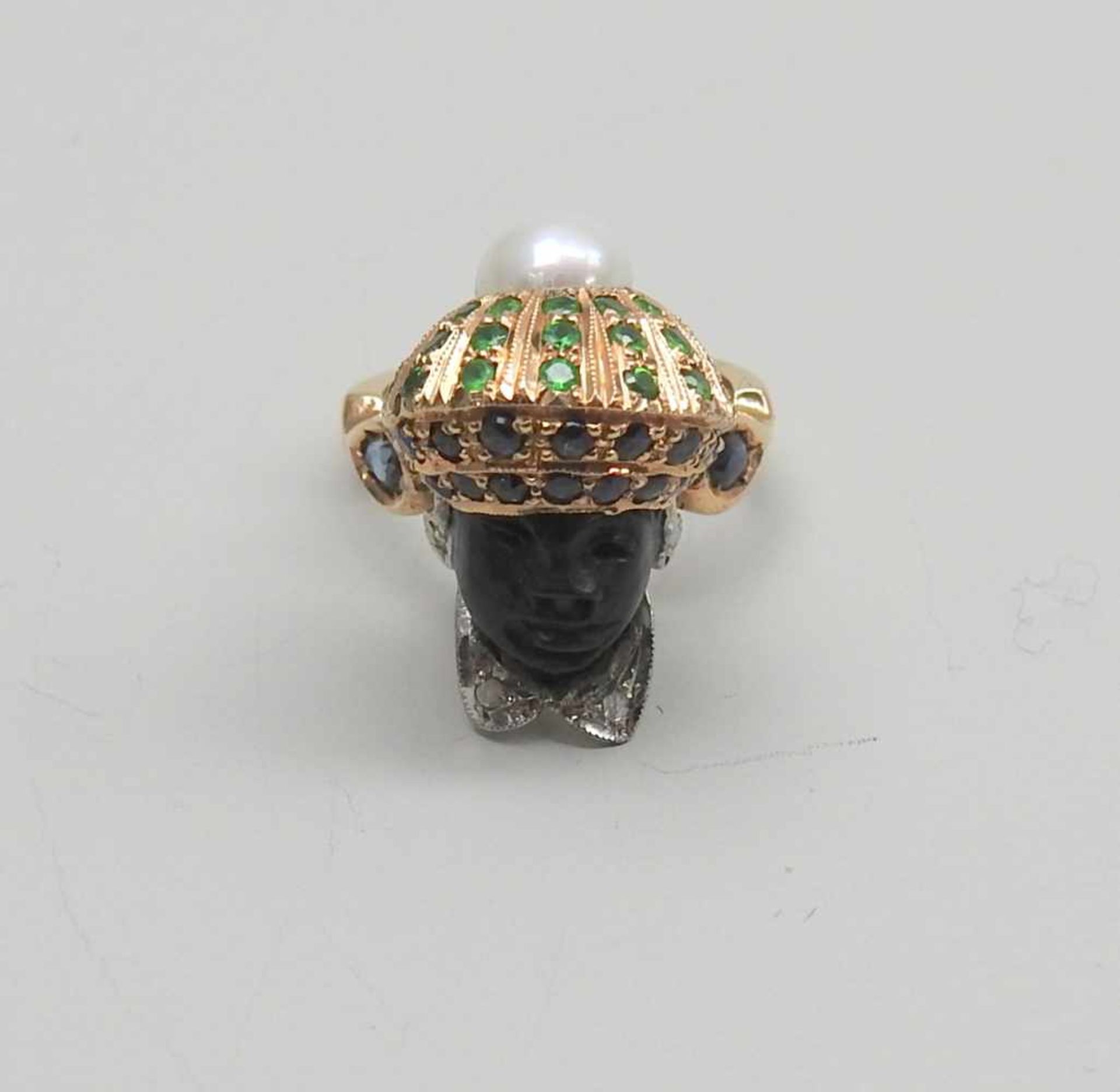 "Moretto"-Ring9 K. Gold/Silber 800. Außergewöhnlicher Ring mit ebenholzfarbenem Kopf, Turban - Bild 2 aus 3