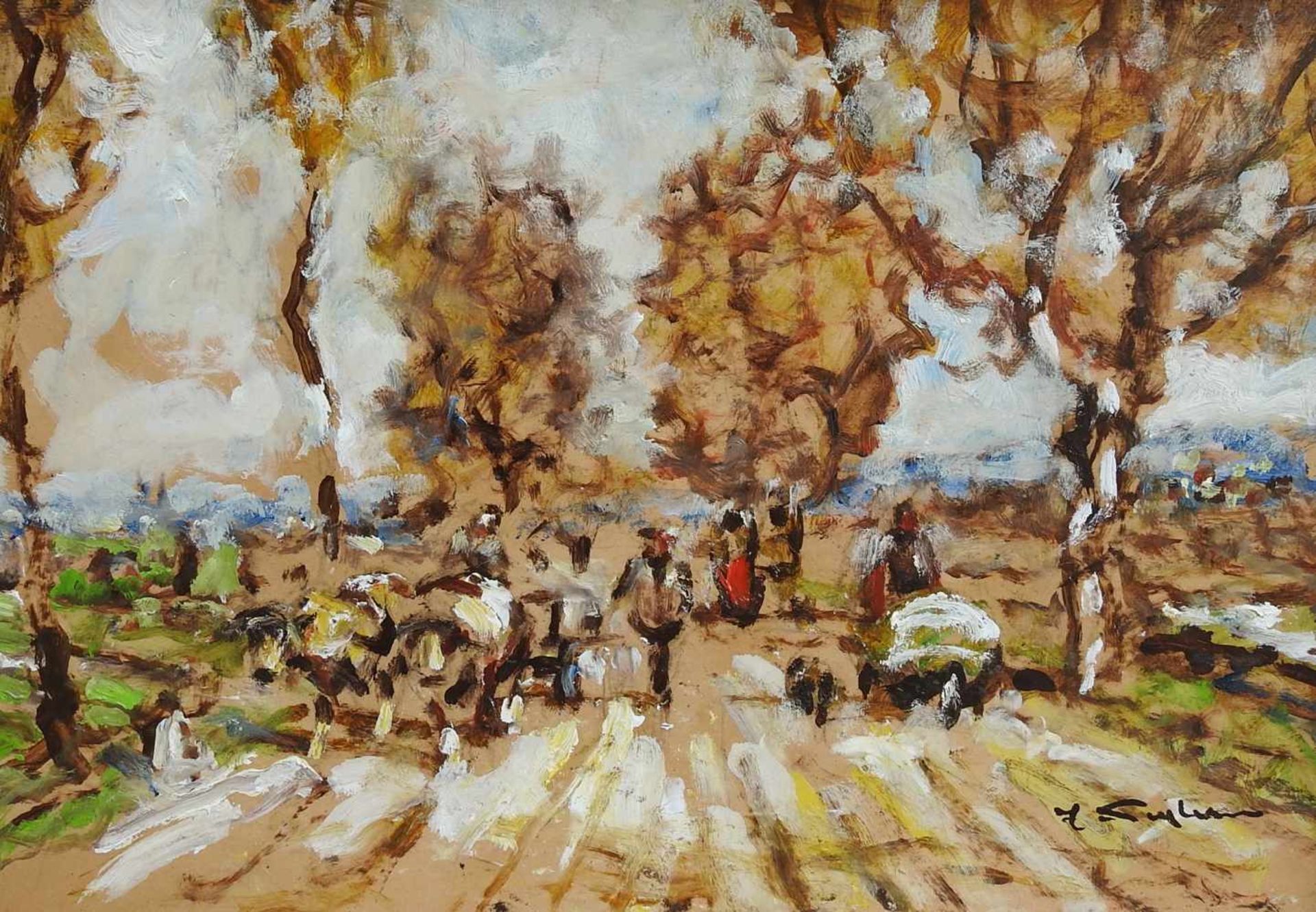 Julius Seyler, 1873 München - 1958 ebendaÖl/Malkarton. "Auf der Landstraße bei Dießen", verso