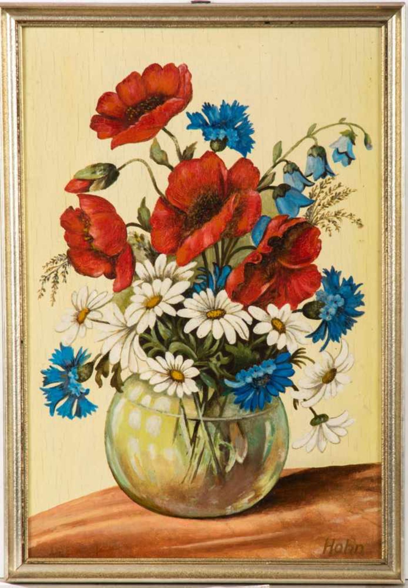 Hohn, Blumenmaler 20. Jh.Stilleben mit Feldblumen. Öl/Holz. Re.u.sign. 37 x 25 cm.R.