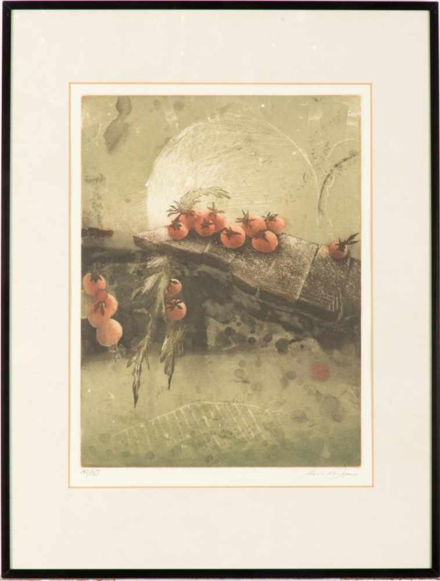 Lithograf d. 20.Jhs.Stilleben mit Tomaten auf einer Steinplatte. Farblithografie. Aufl. 148/150.